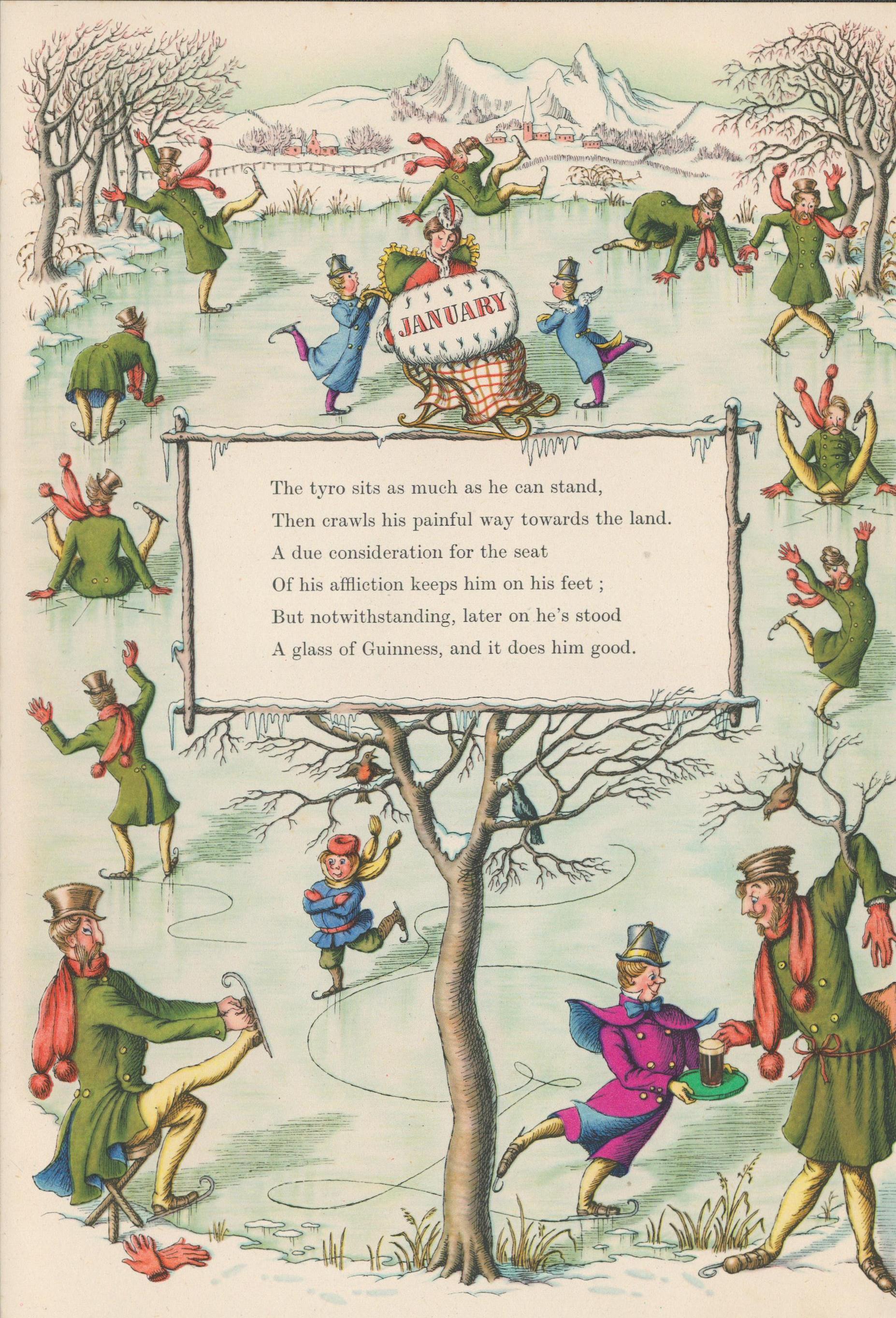 Double Sided Guinness Print 1952 68 Yrs Old "Ice Skating"A Genuine Double Sided Lithographed