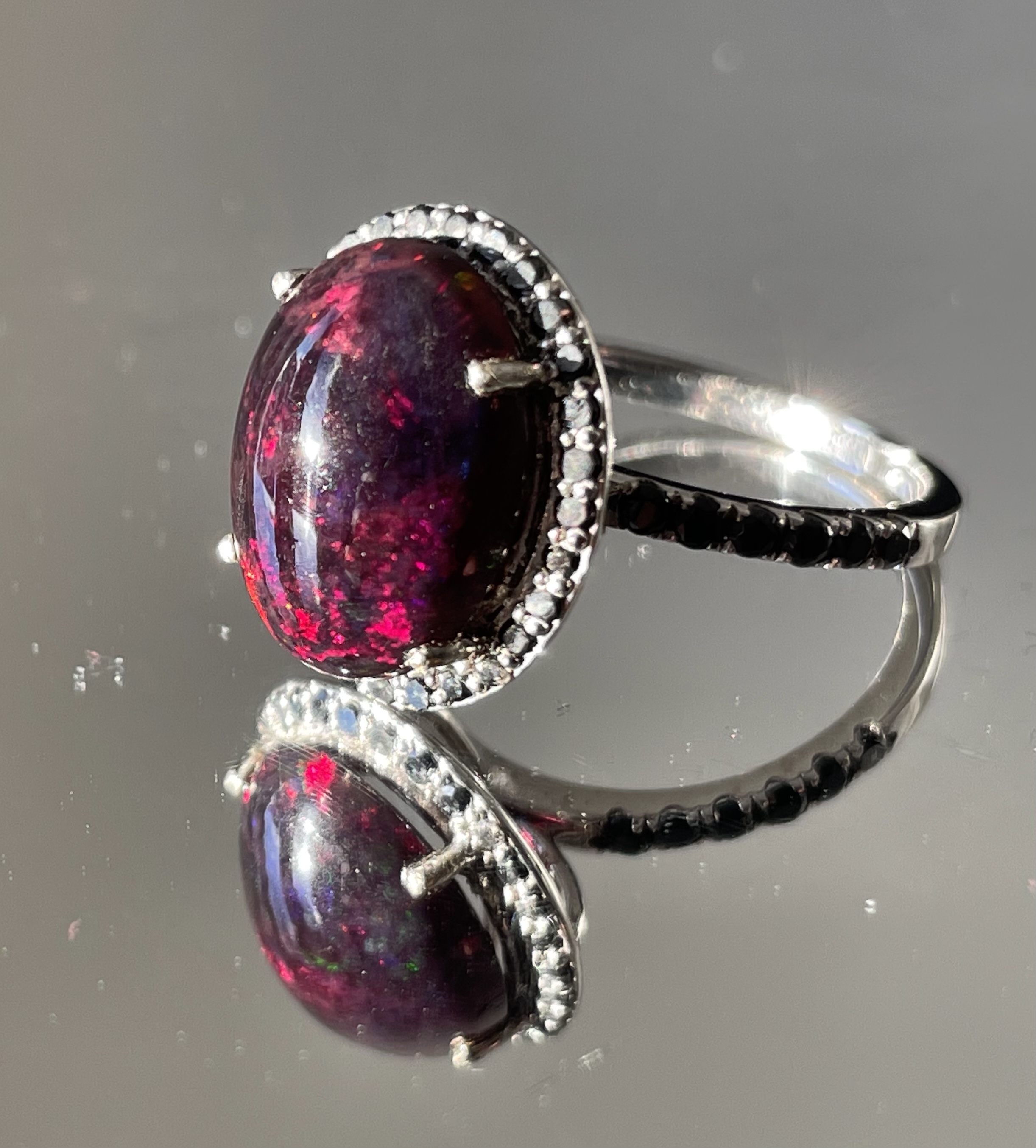 Beautiful 6.49 CT Natural Black Opal Ring With Natural Black Diamond & 18k Gold