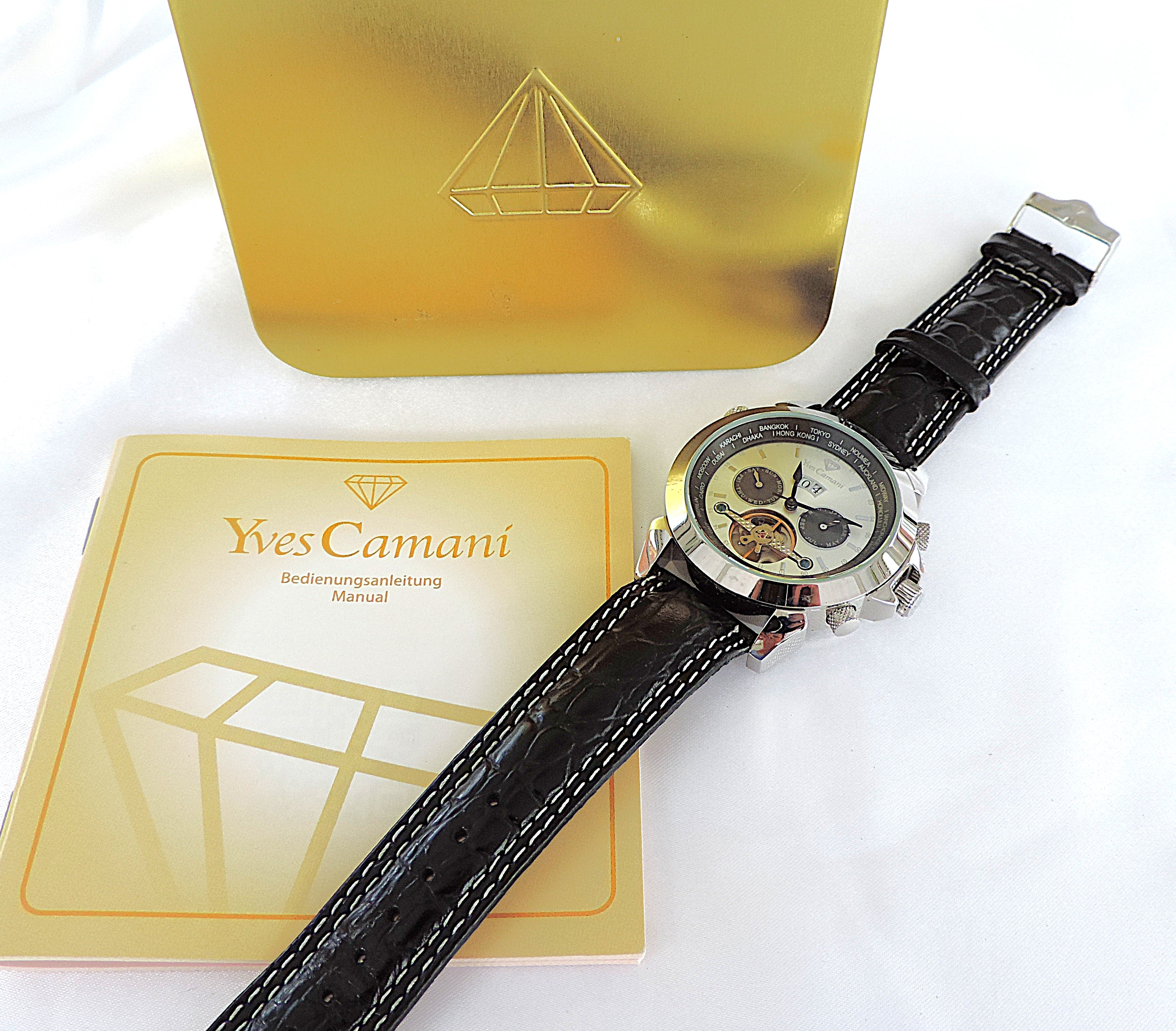 Yves Camani Automatic Watch YC1029-G World Timer Black Leather Strap 'NEW'