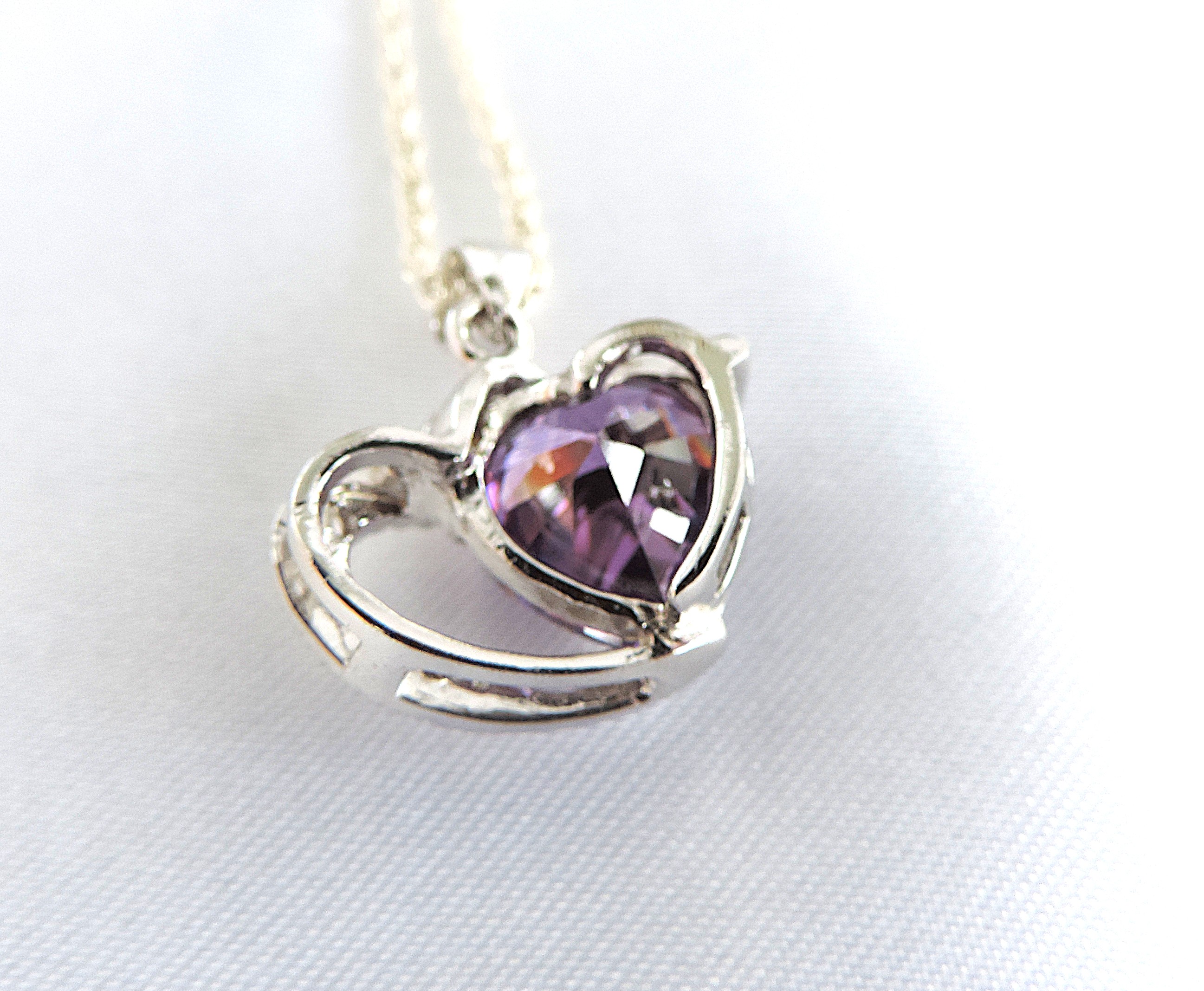 925 Silver Amethyst & Diamond Heart Pendant Necklace