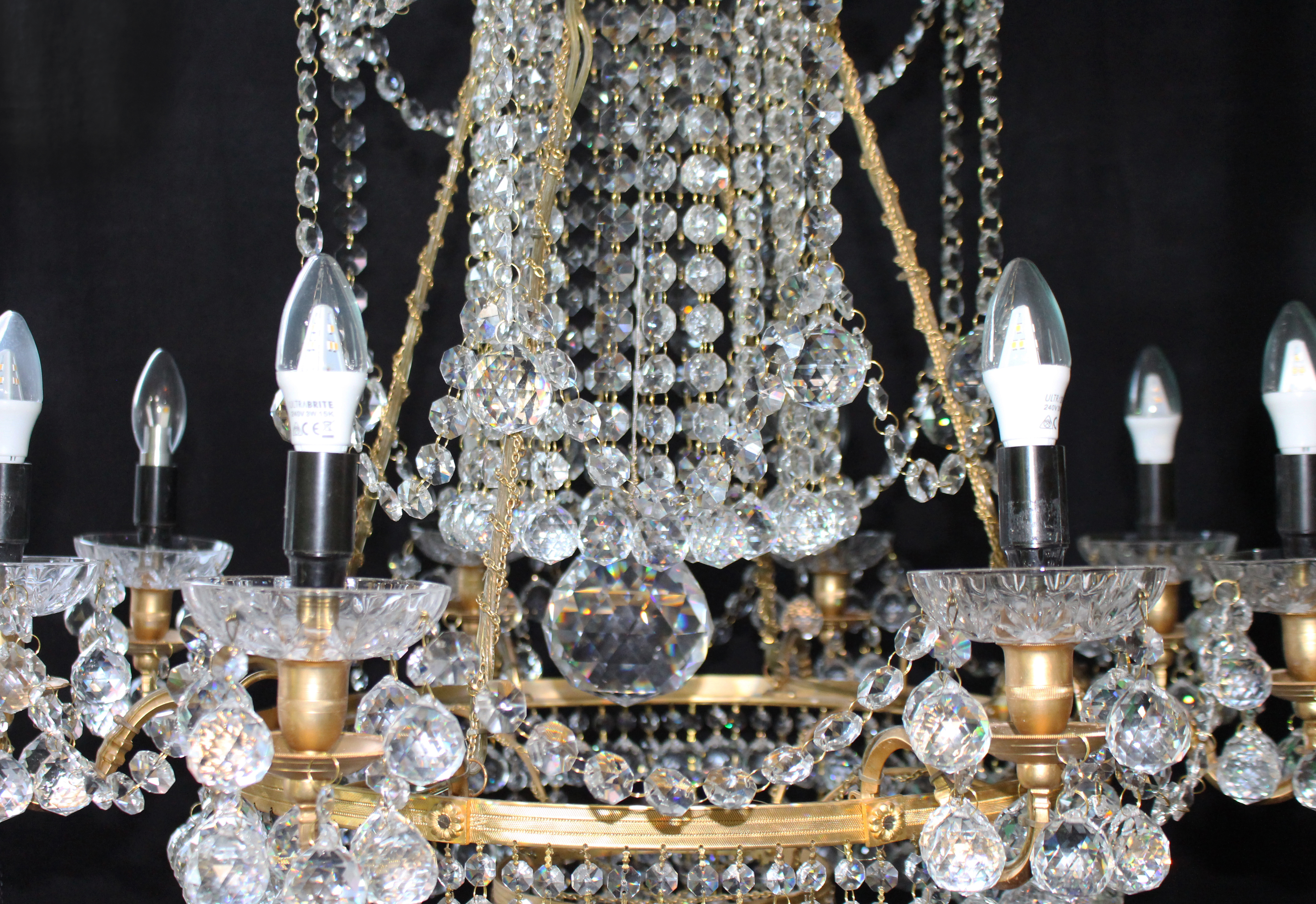 Large Empire Style Crystal and Ormolu Eight Light Chandelier