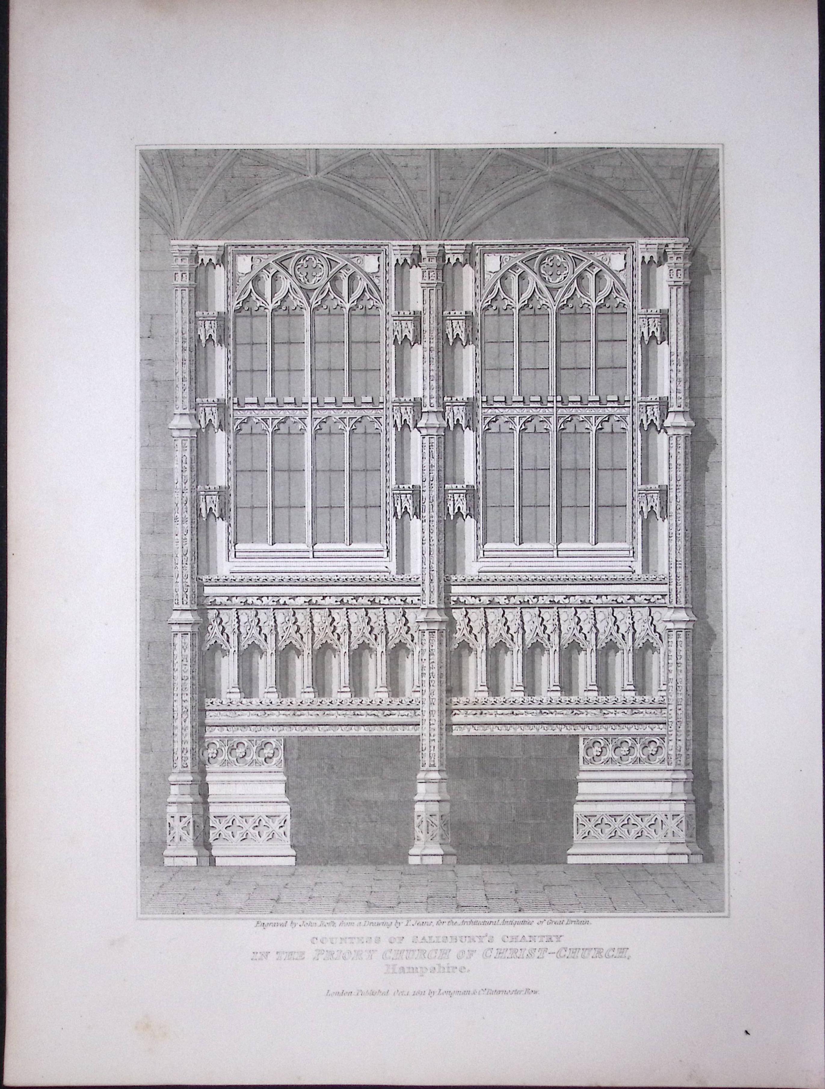 Priory Christ- Church Hampshire 190 Years-Old John Britton Antique Steel Engraving-170