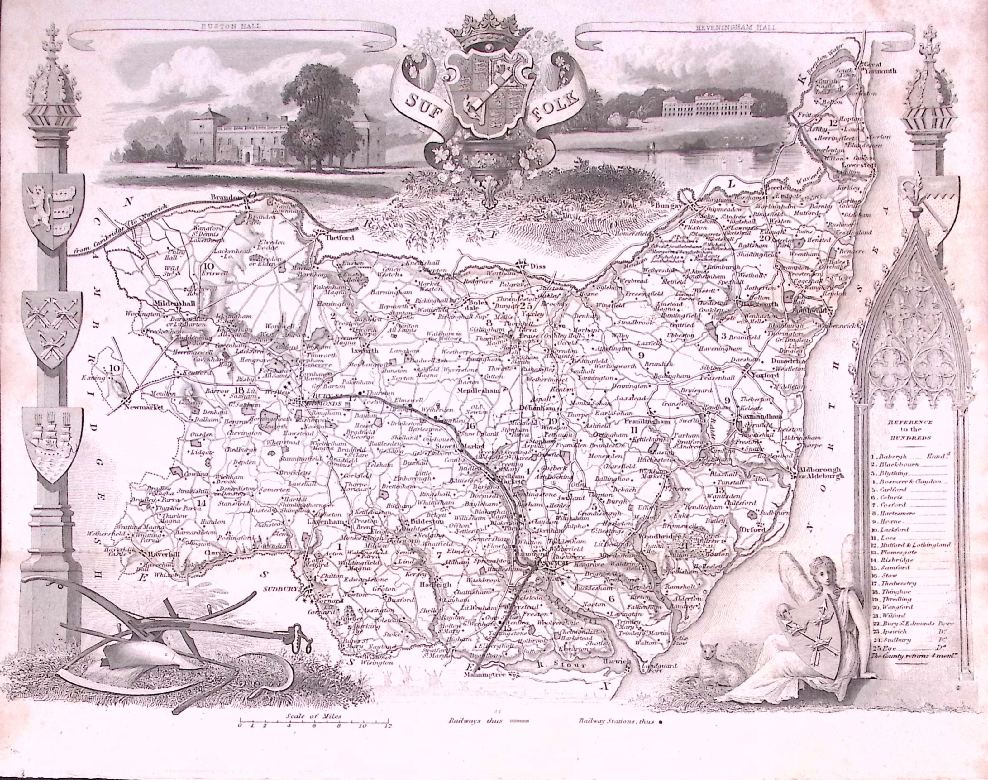 County Suffolk Detailed 178 years-Old Antique Steel Engraving Map-23-TR