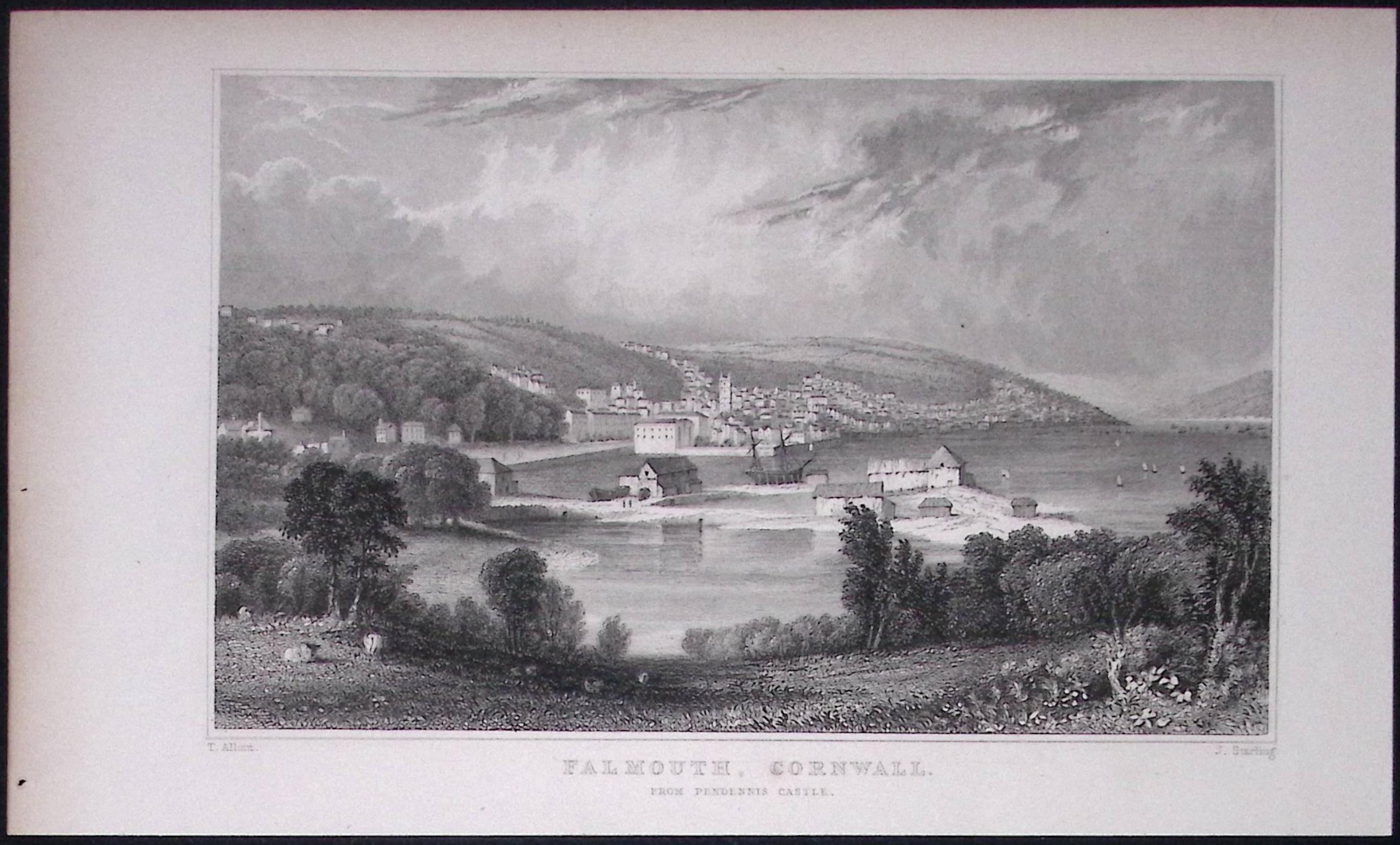 Cornwall Falmouth Harbour Antique 193 Years-Old Steel-Engraving-1