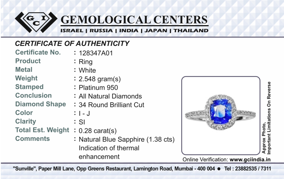 Beautiful 1.38 CT Natural Ceylon Blue Sapphire Diamonds & 950 Platinum