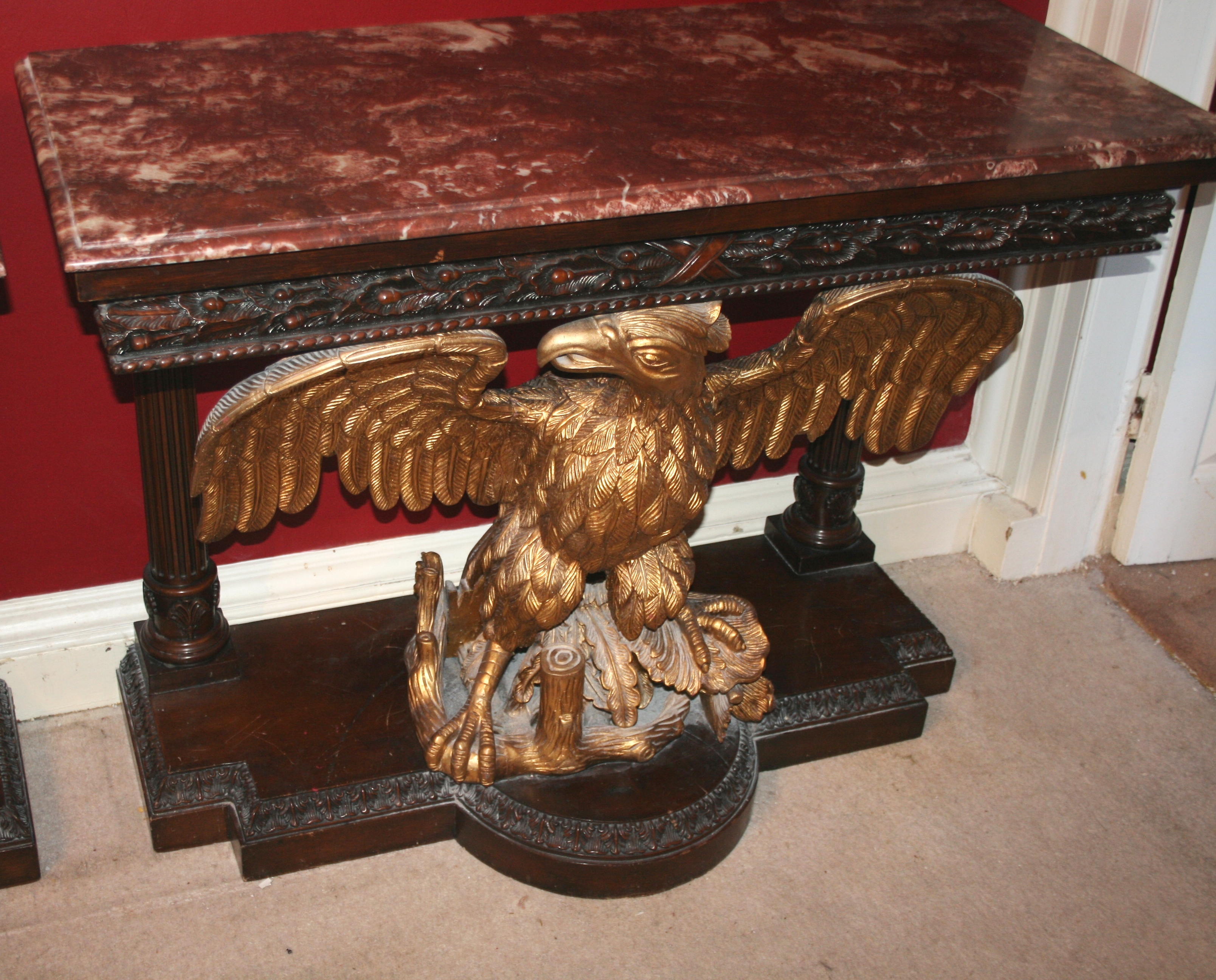 Pair of Marble Topped Mahogany & Giltwood Eagle Console Tables