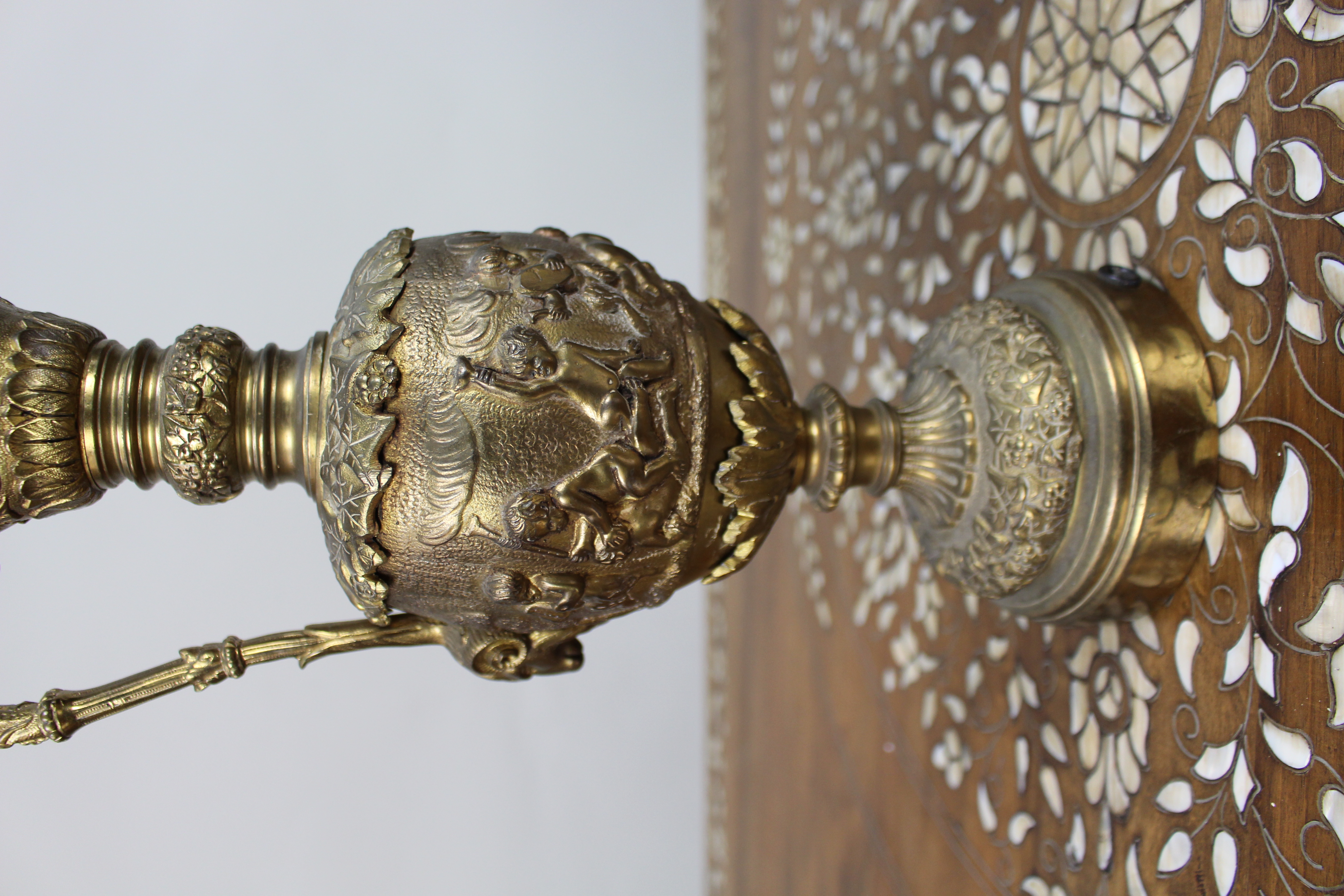 Pair of 19th Century French Gilt Bronze Bacchanalian Ewers with Cherubs