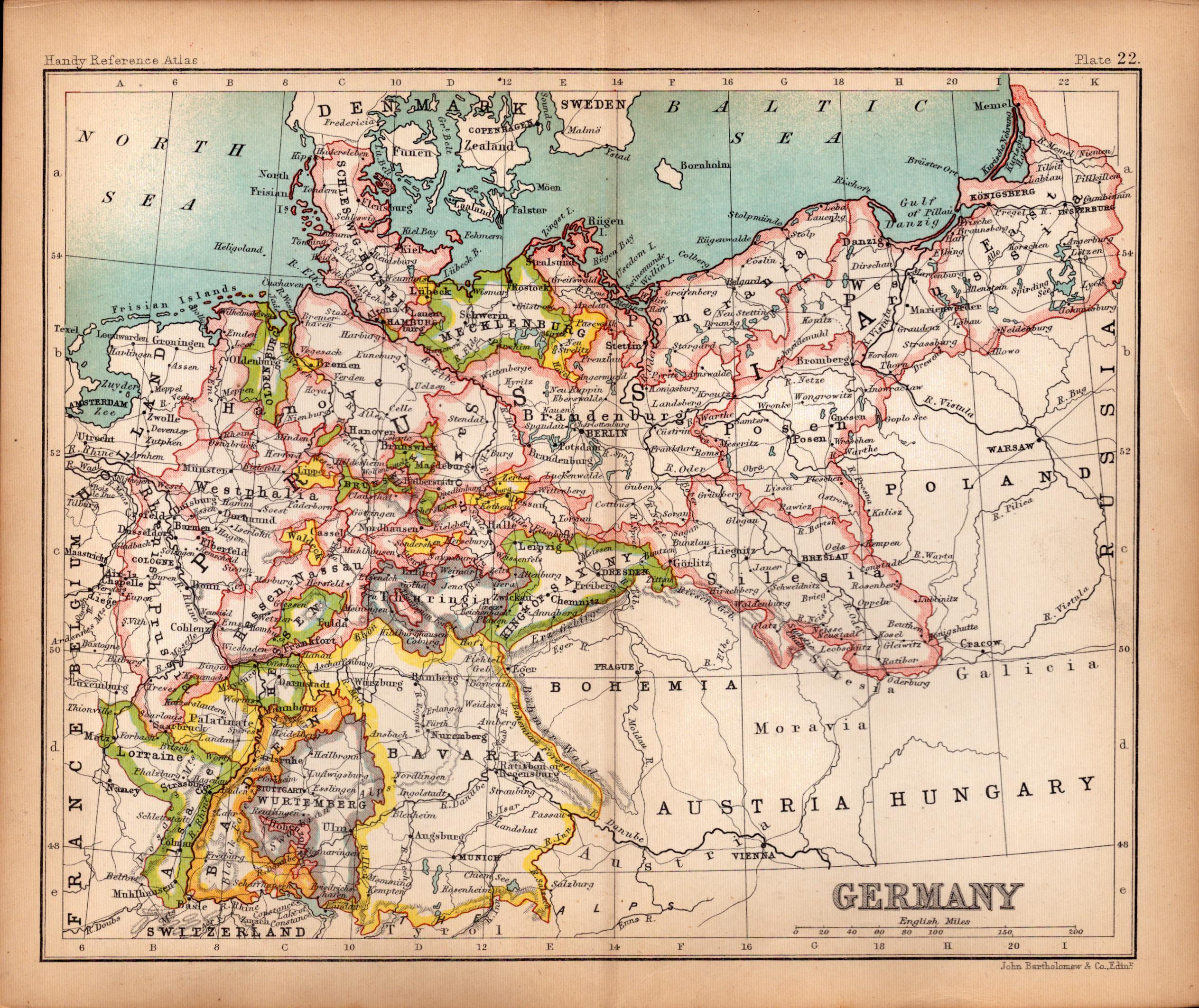 Central Germany  Double Sided Victorian Antique 1898 Map.