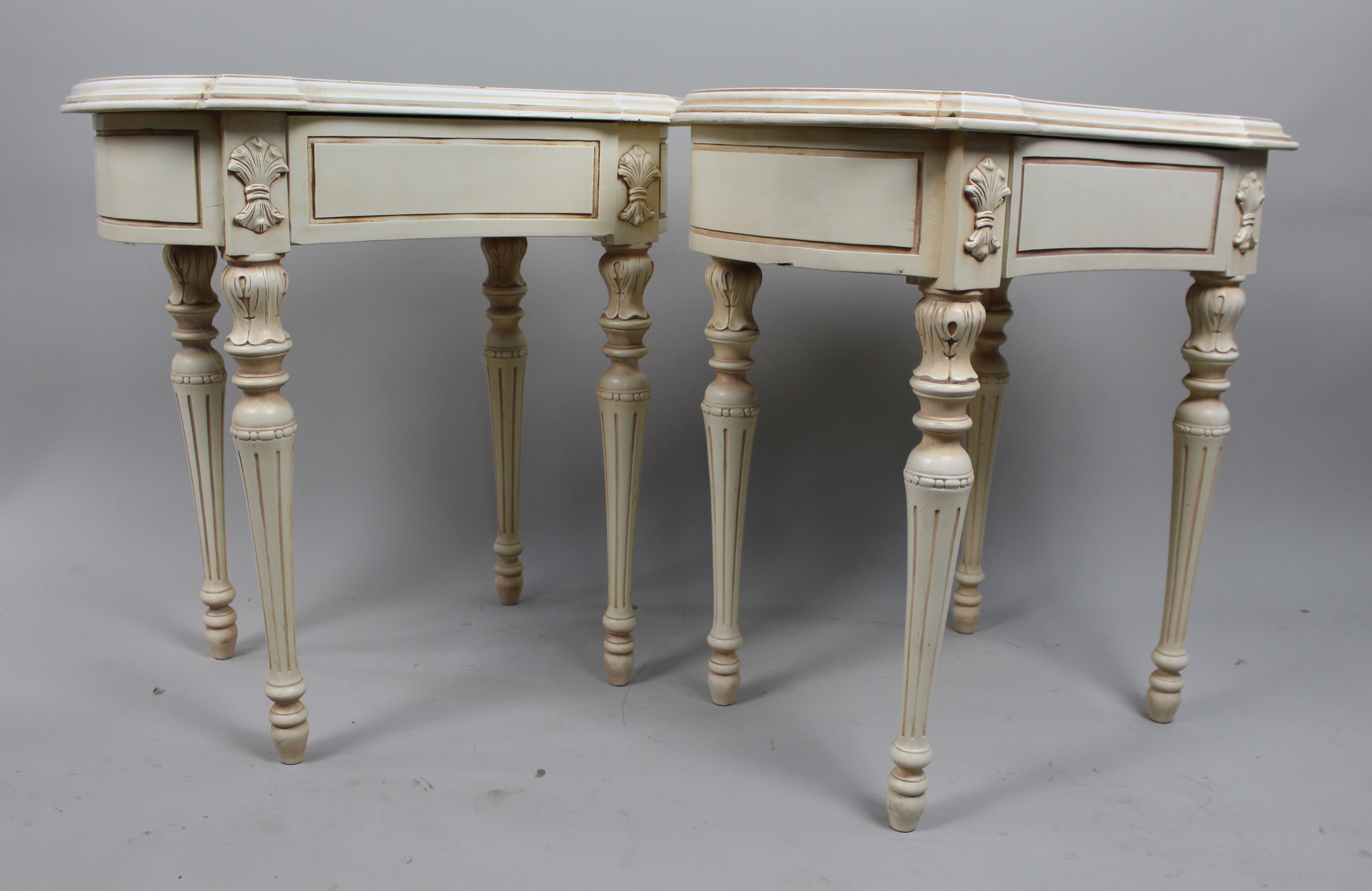Pair of Cream Decapé Console Tables with Drawers