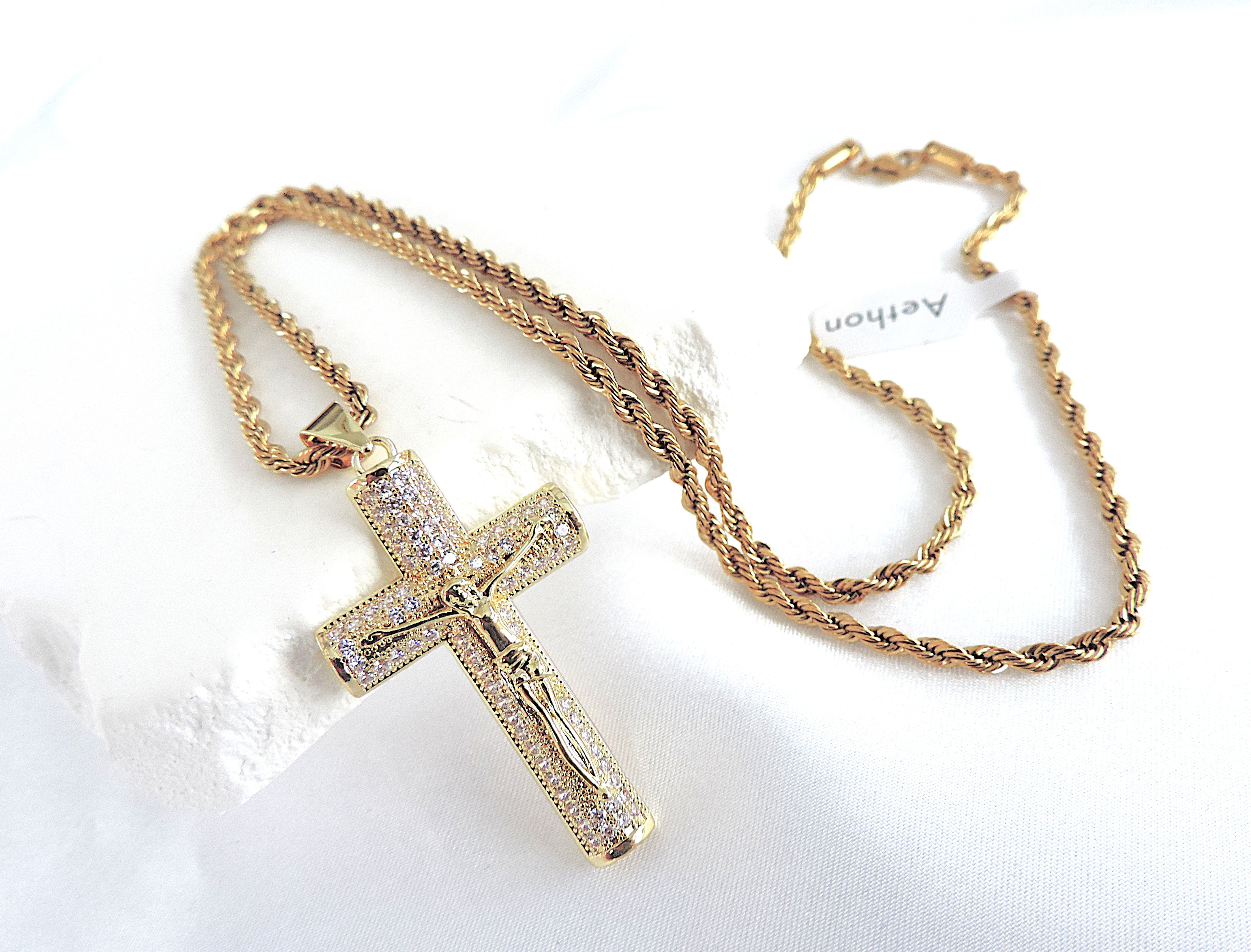 Aethon Gold Plated White Zircon Gemstone Cross on 22 inch Rope Chain