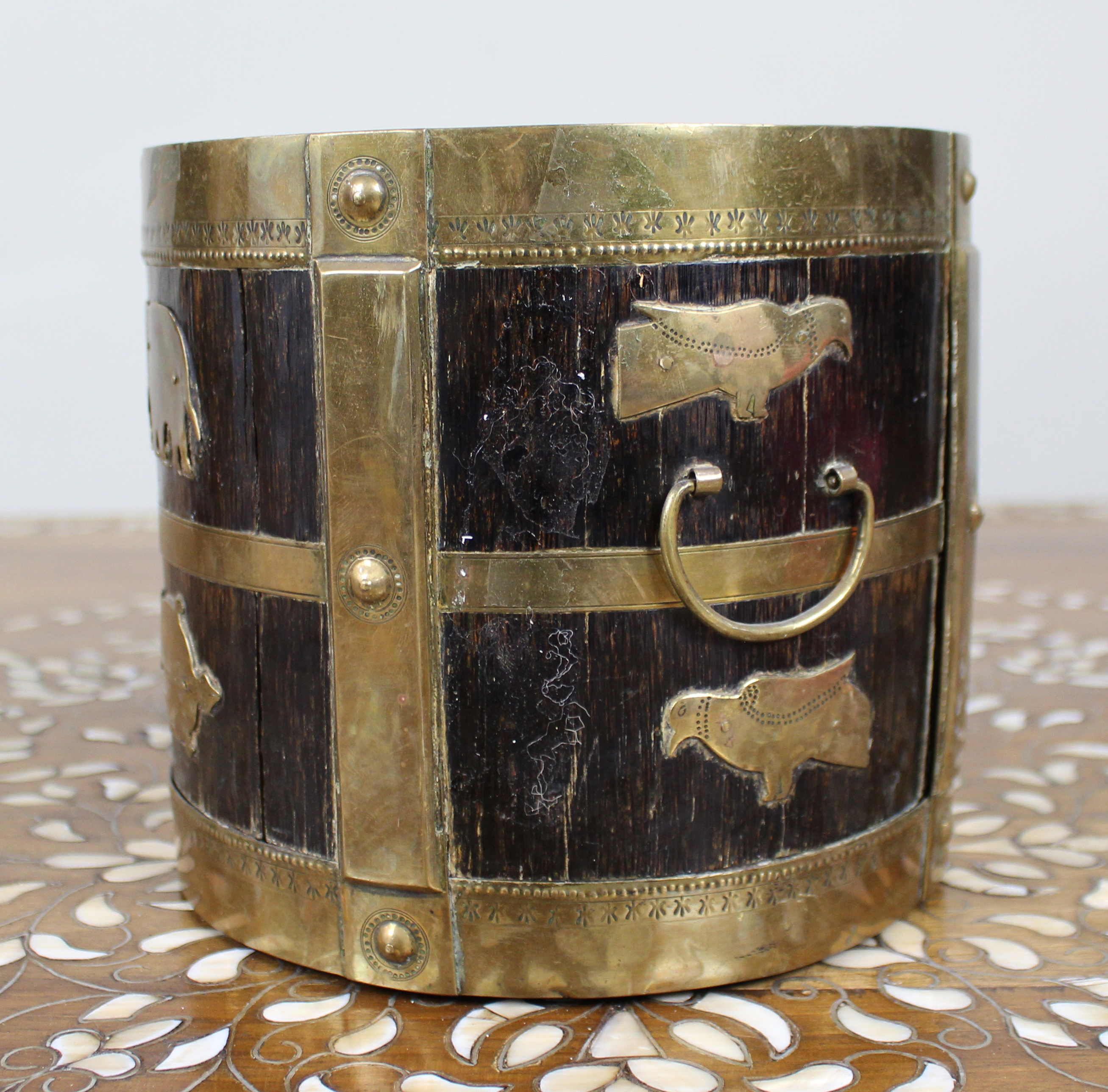 Early 20th Century Indian Brass-Mounted Wooden Bucket with Zodiac Animal Motifs
