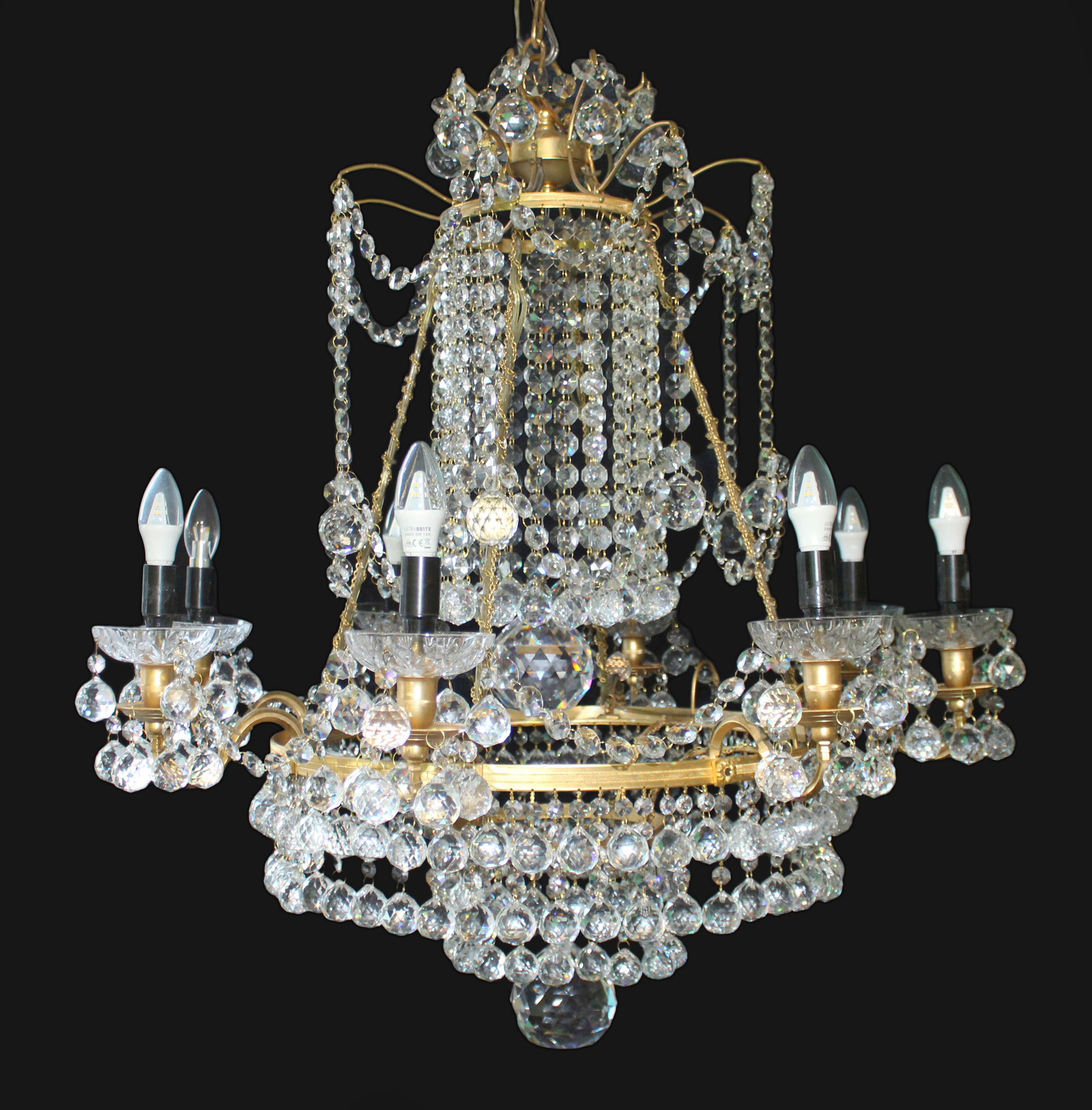 Large Empire Style Crystal and Ormolu Eight Light Chandelier