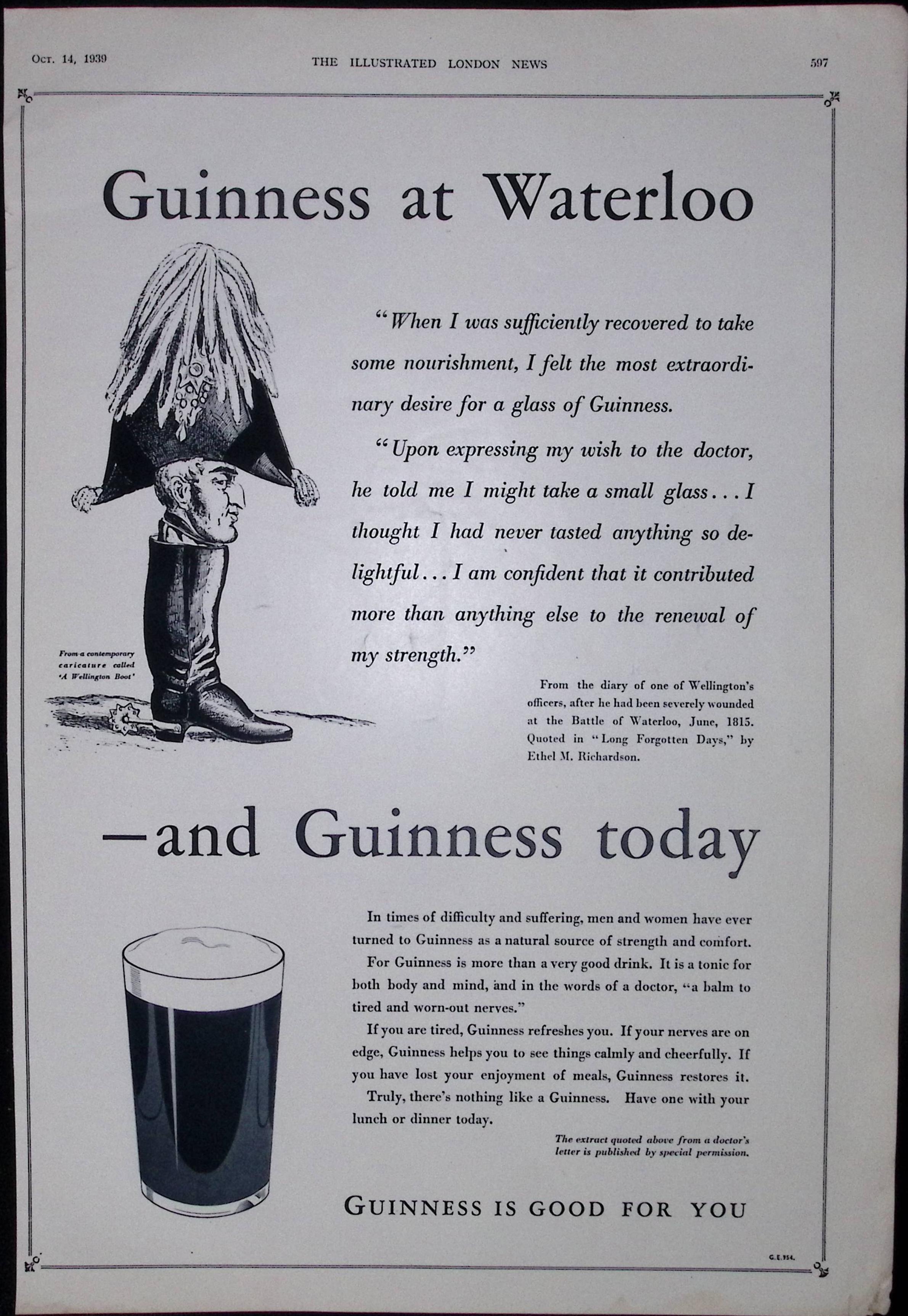 Guinness 1938 Original 87 Years-Old Print “Guinness at Waterloo”- G.E. 954