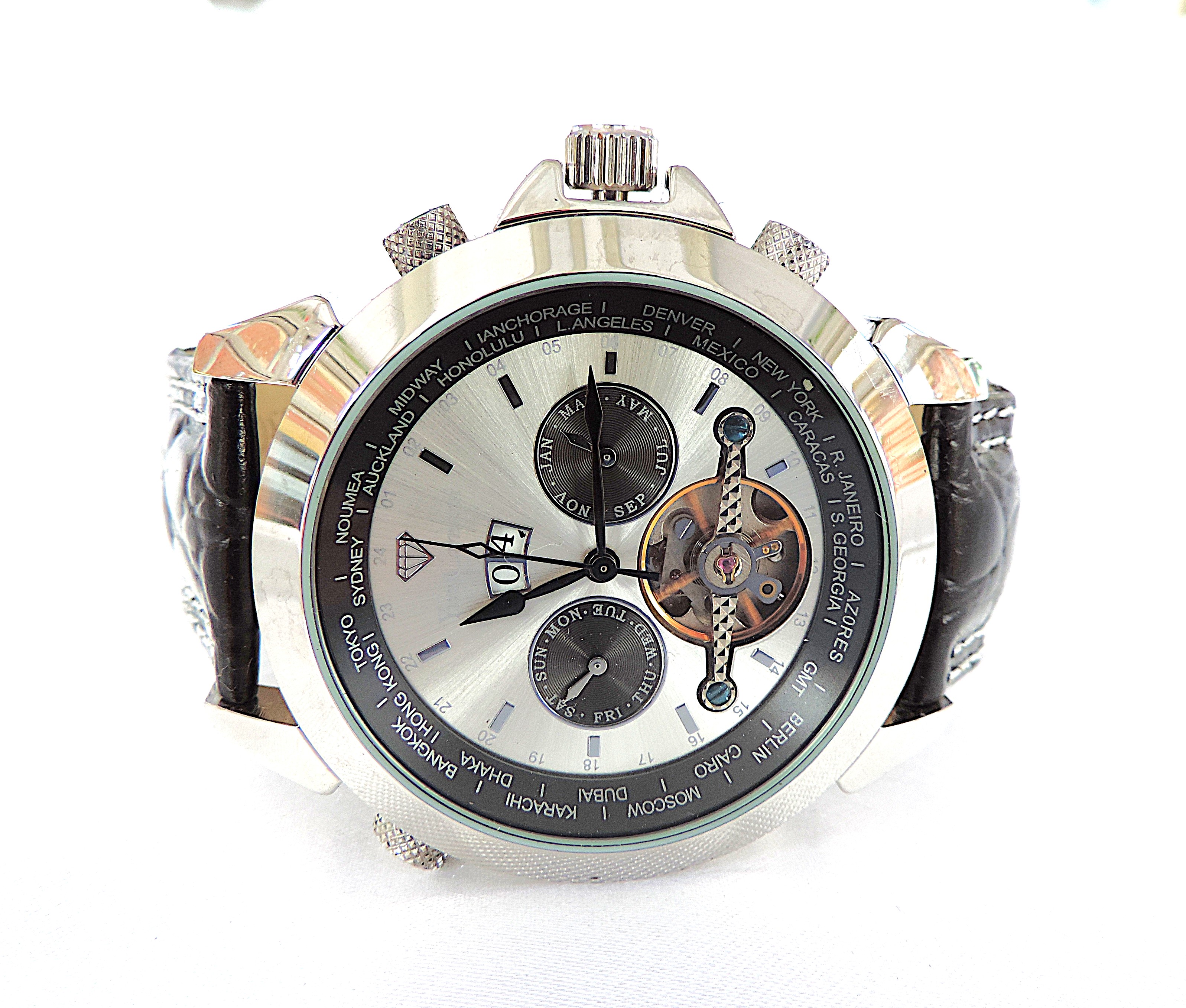 Yves Camani Automatic Watch YC1029-G World Timer Black Leather Strap 'NEW'