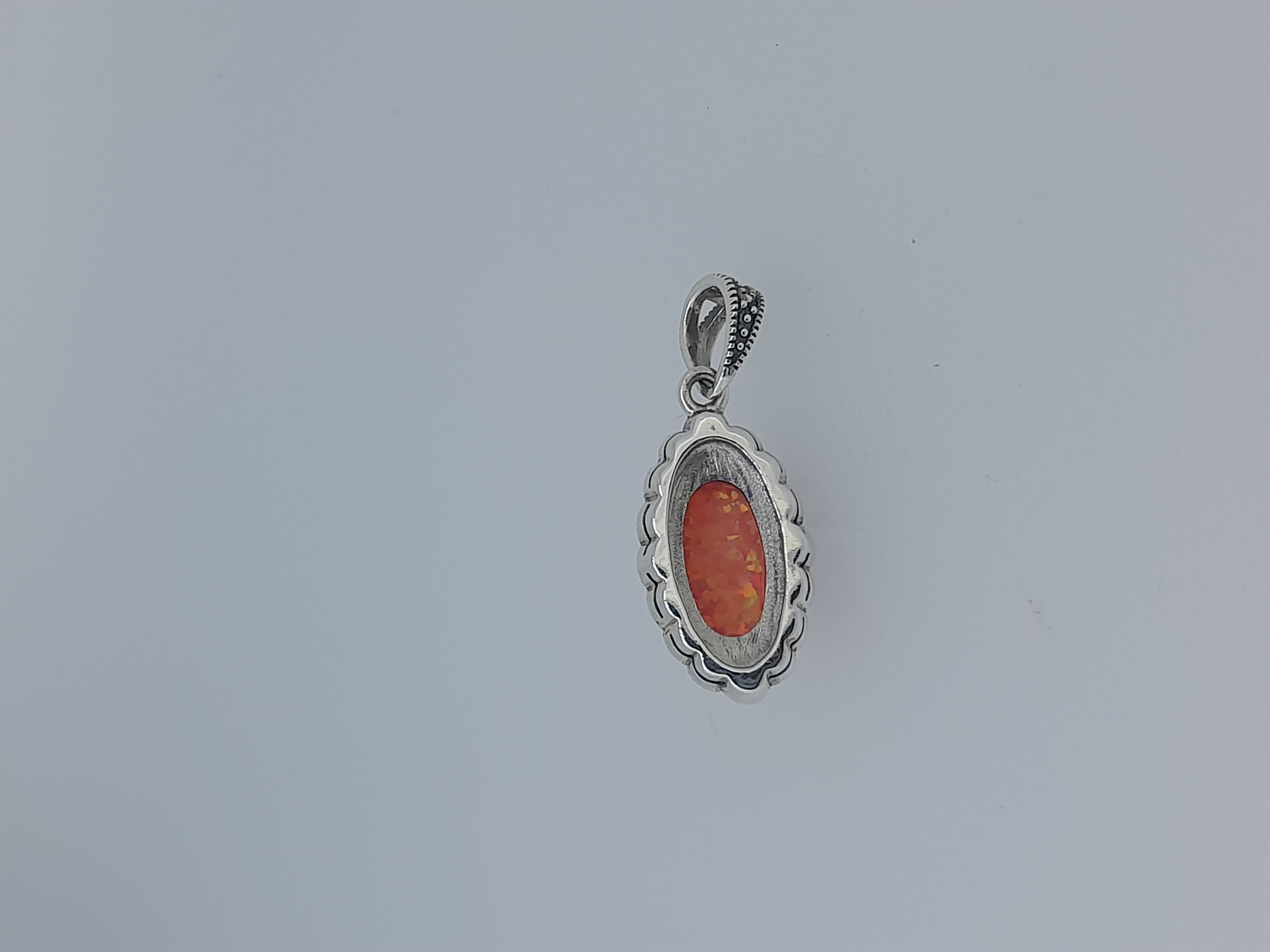 Silver Synthetic Fire Opal and Marcasite Set Pendant