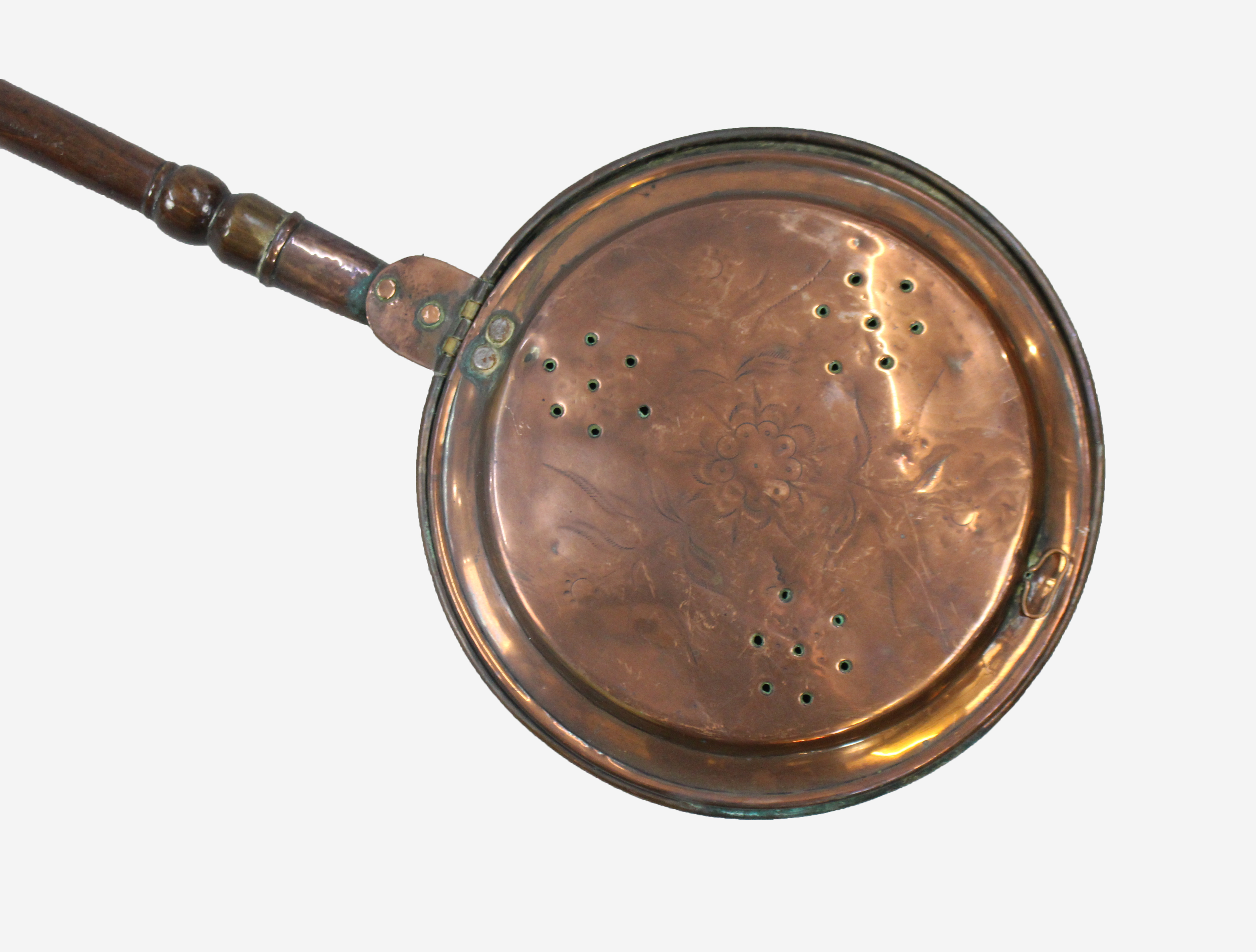 Engraved Copper Turned Wooden Warming Pan