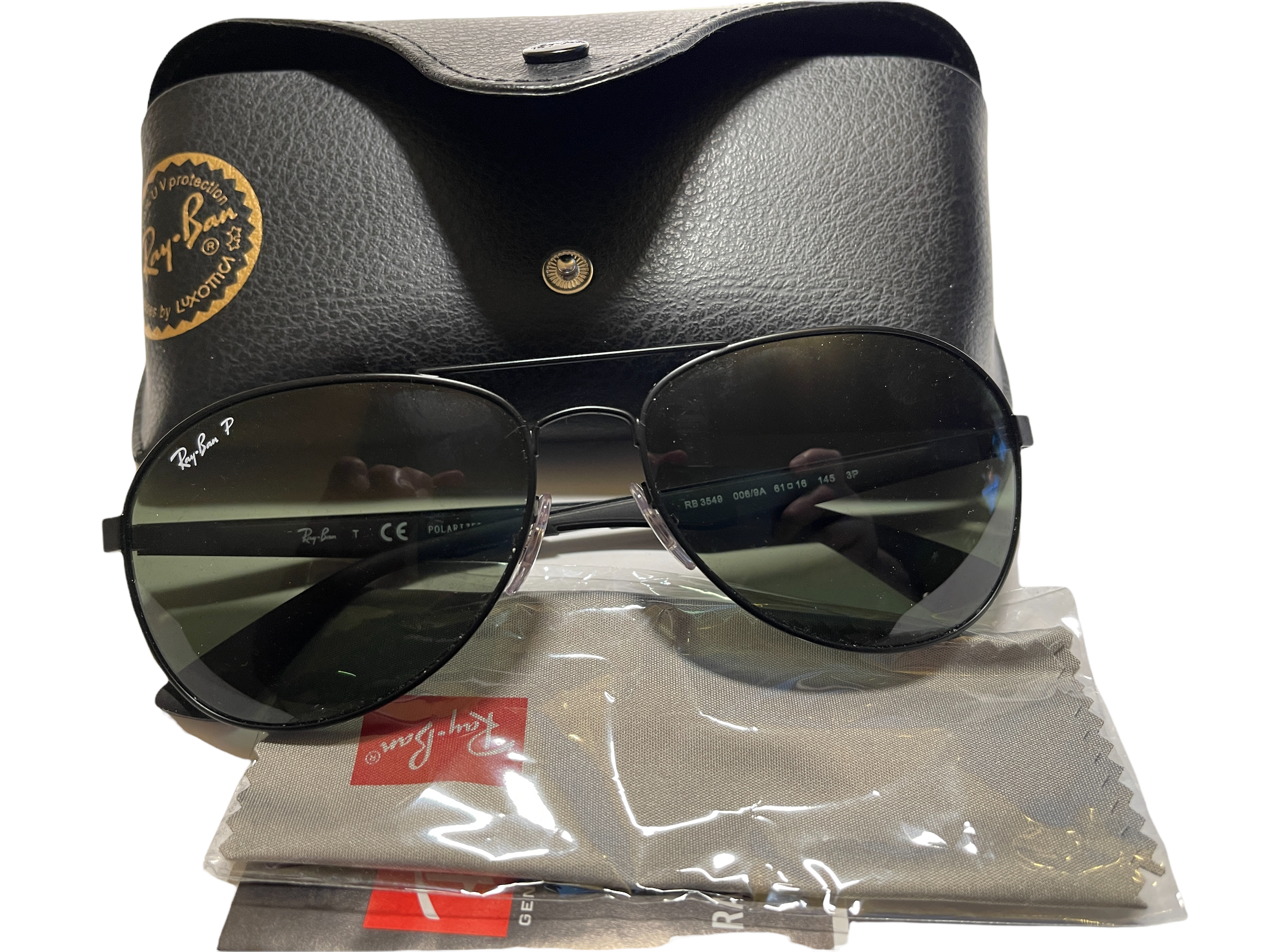 Pair of Ray-Ban Sunglasses Aviator Style Matte Black - RB3549 With Box and Case