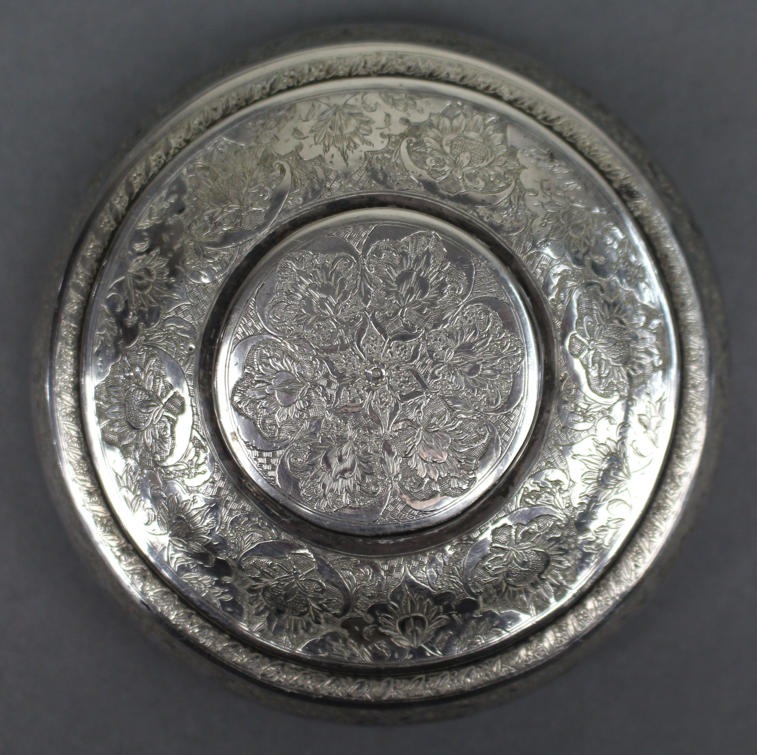 Persian Silver Circular Box with Floral Motifs, Iran, c.1950