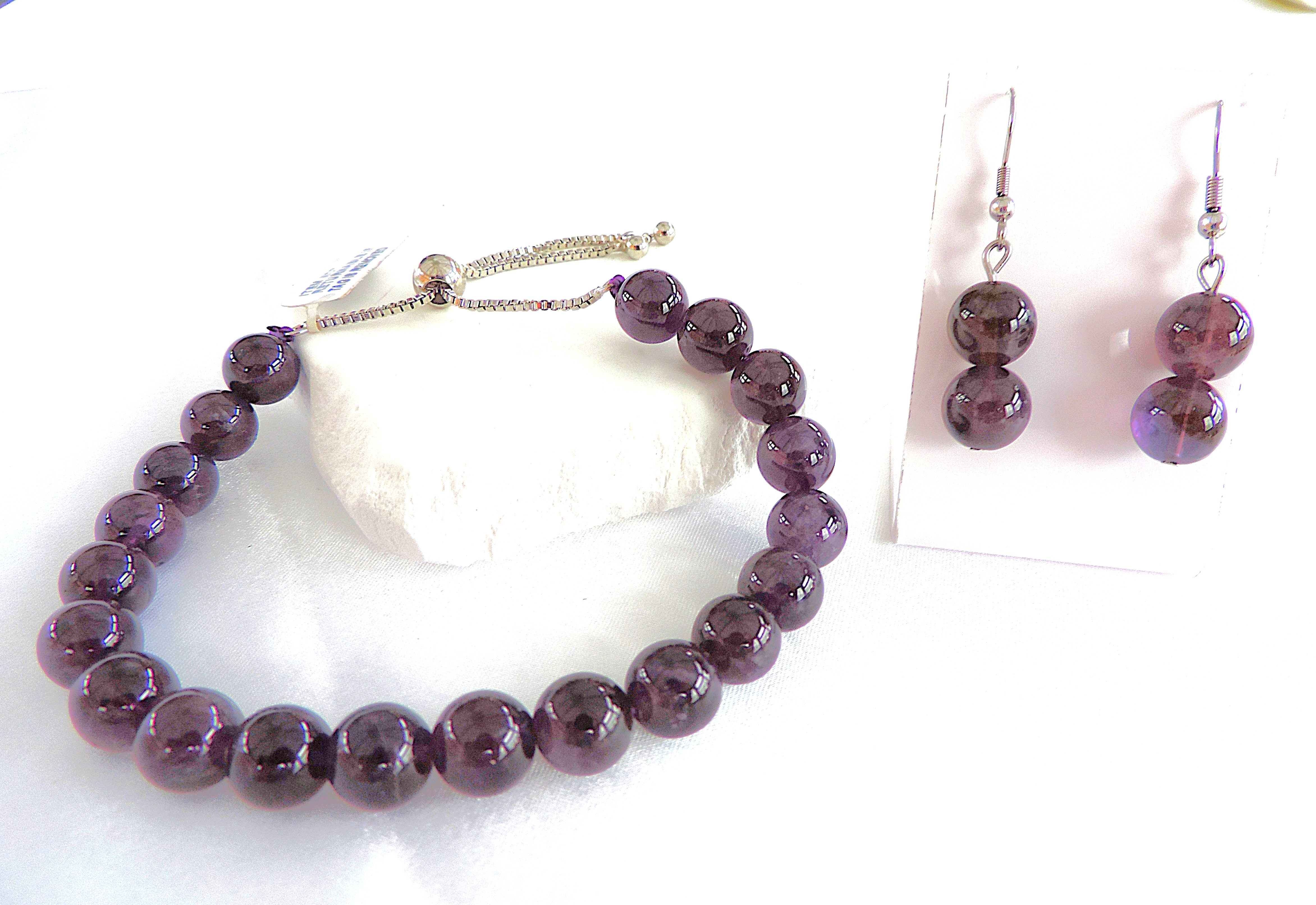 925 Silver Polished Amethyst Slider Bracelet & Earrings  'New'