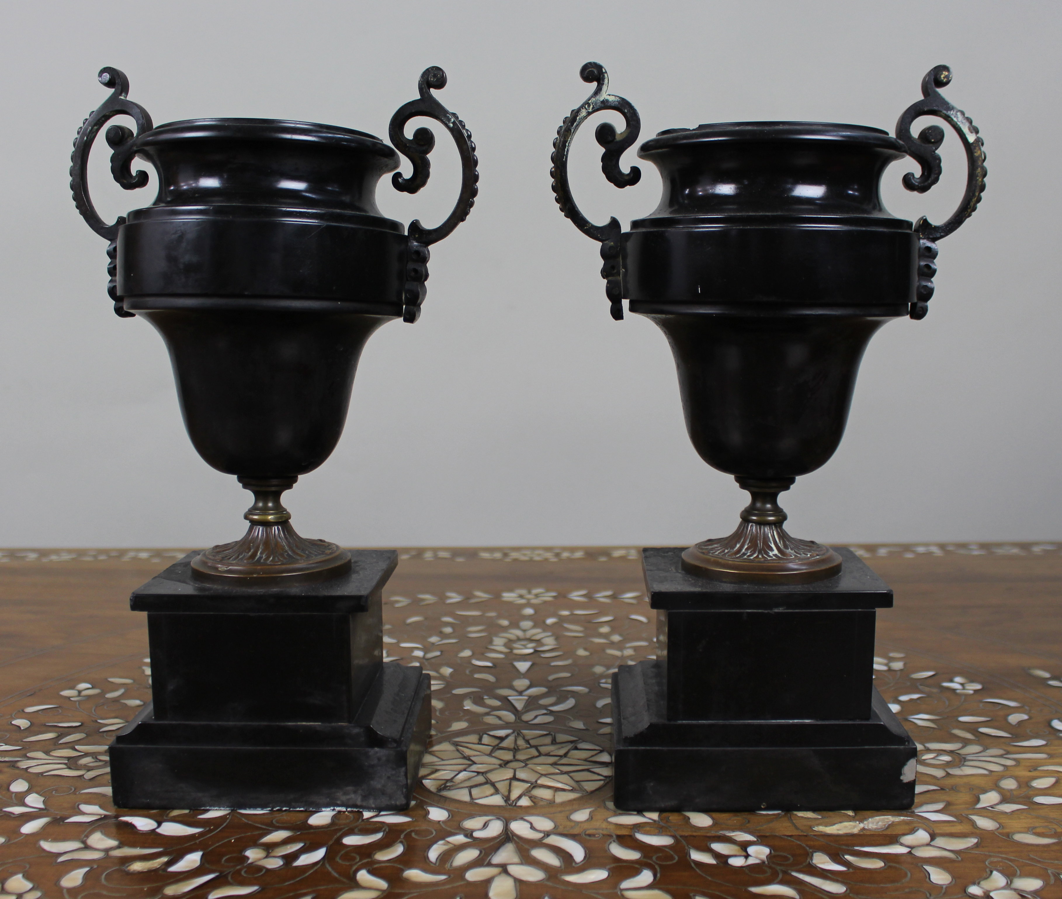 Pair of French Bronze and Marble Urns