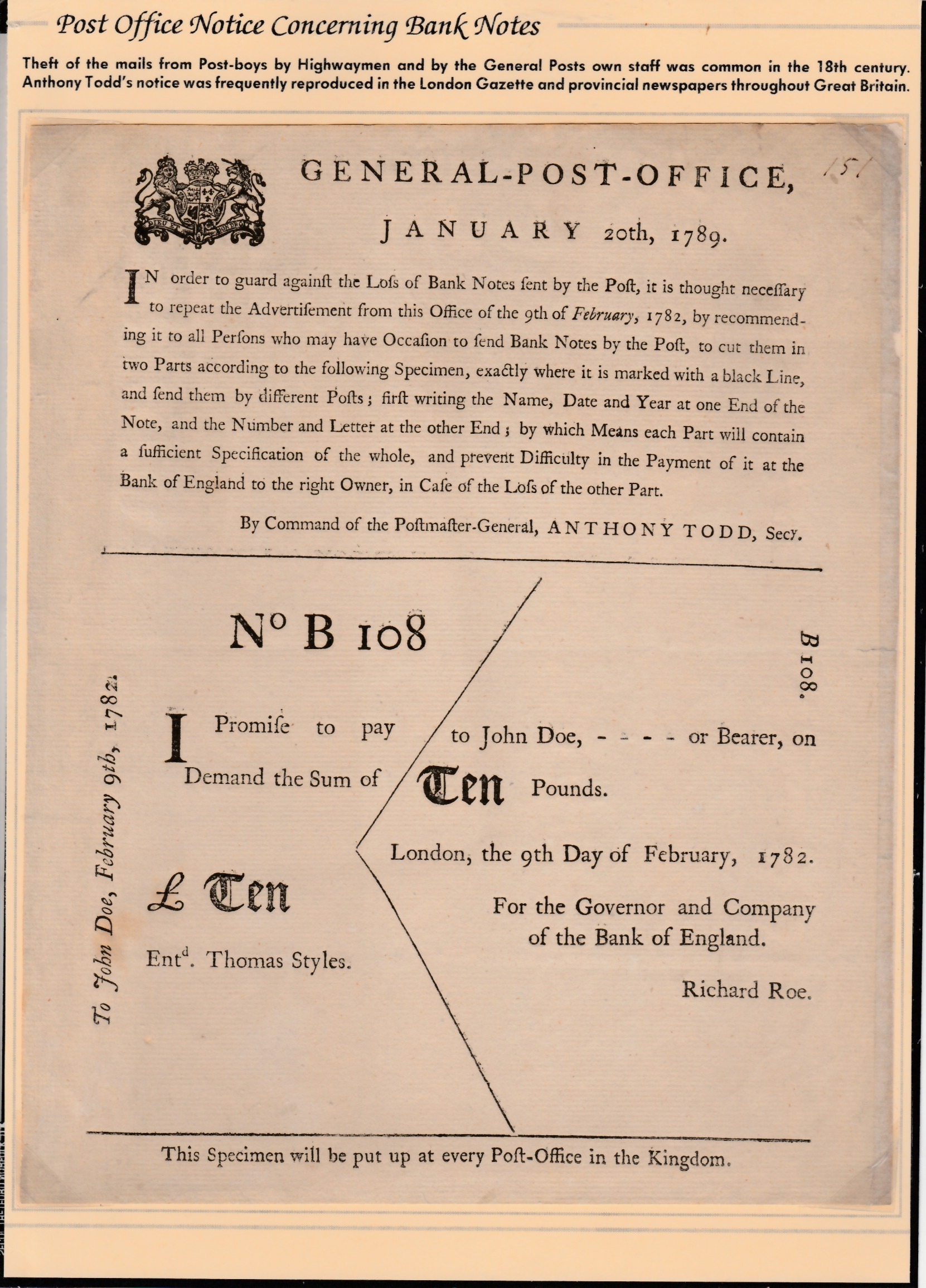 G.B. - Registered Mail / Post Office Notices 1789
