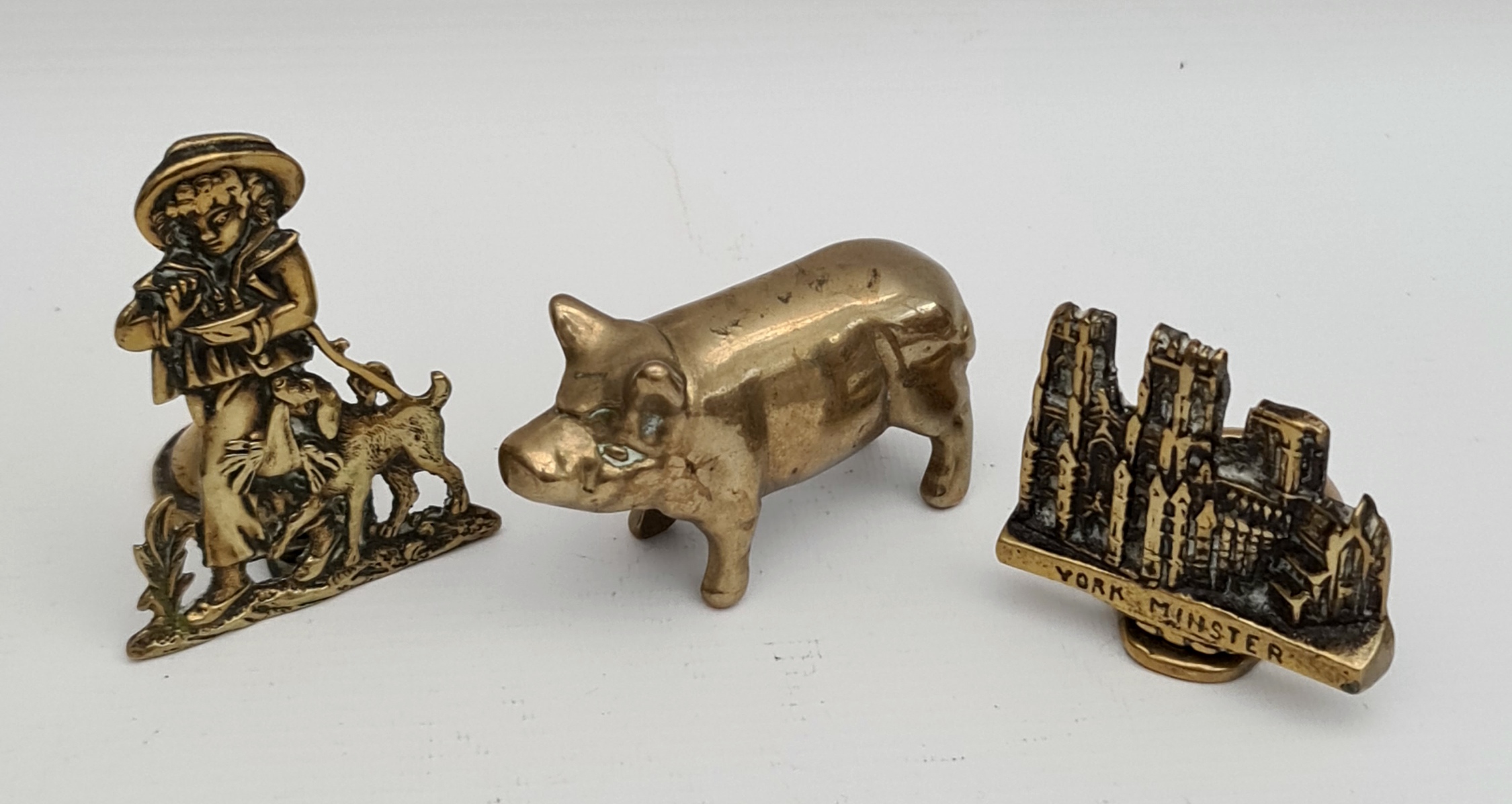 Antique Brass Pig and Candle Holders Rural Scene and York Minster