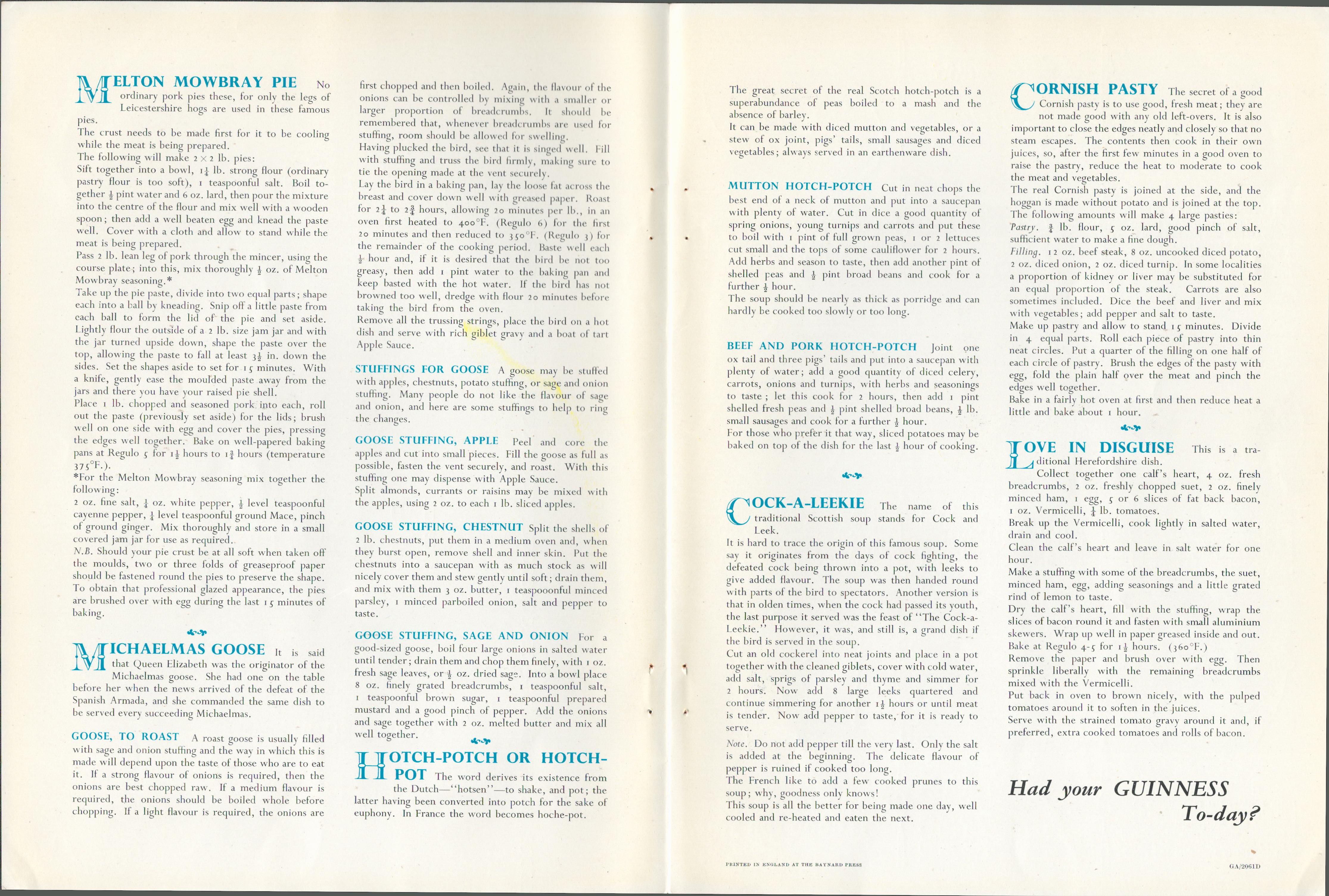Double Sided 1961 Guinness Advertisement Print 'Country Dishes'Double Sided 1961 Guinness