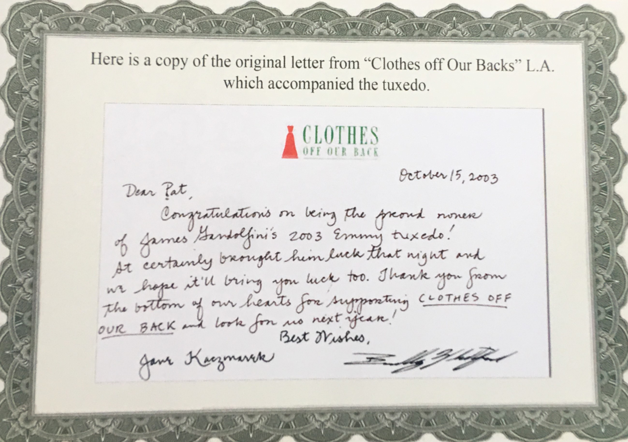 The Sopranos Clothing Owned & Worn By James Gandolfini Mounted Card Display