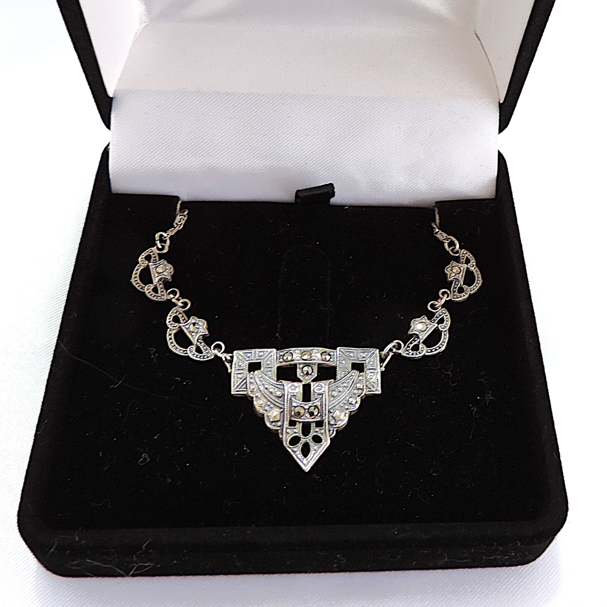 Antique Art Deco 925 Sterling Silver Marcasite Gemstone Necklace