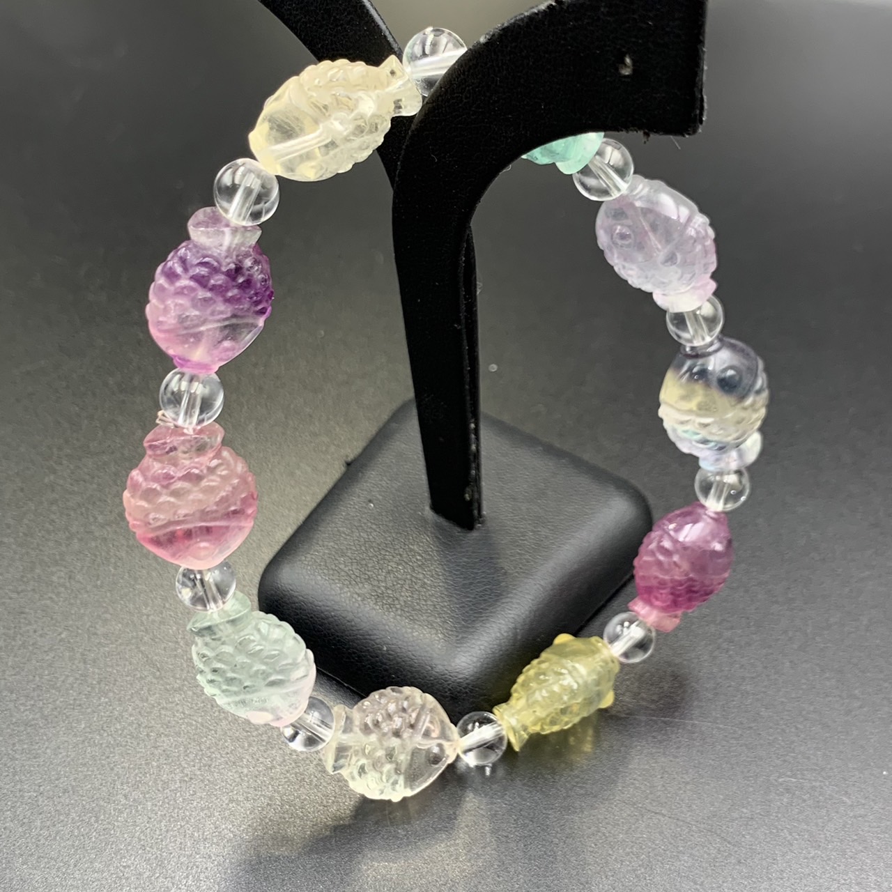 OTR-54, Awesome Natural Multi Colour Carved Fluorite Fish Beads Bracelet