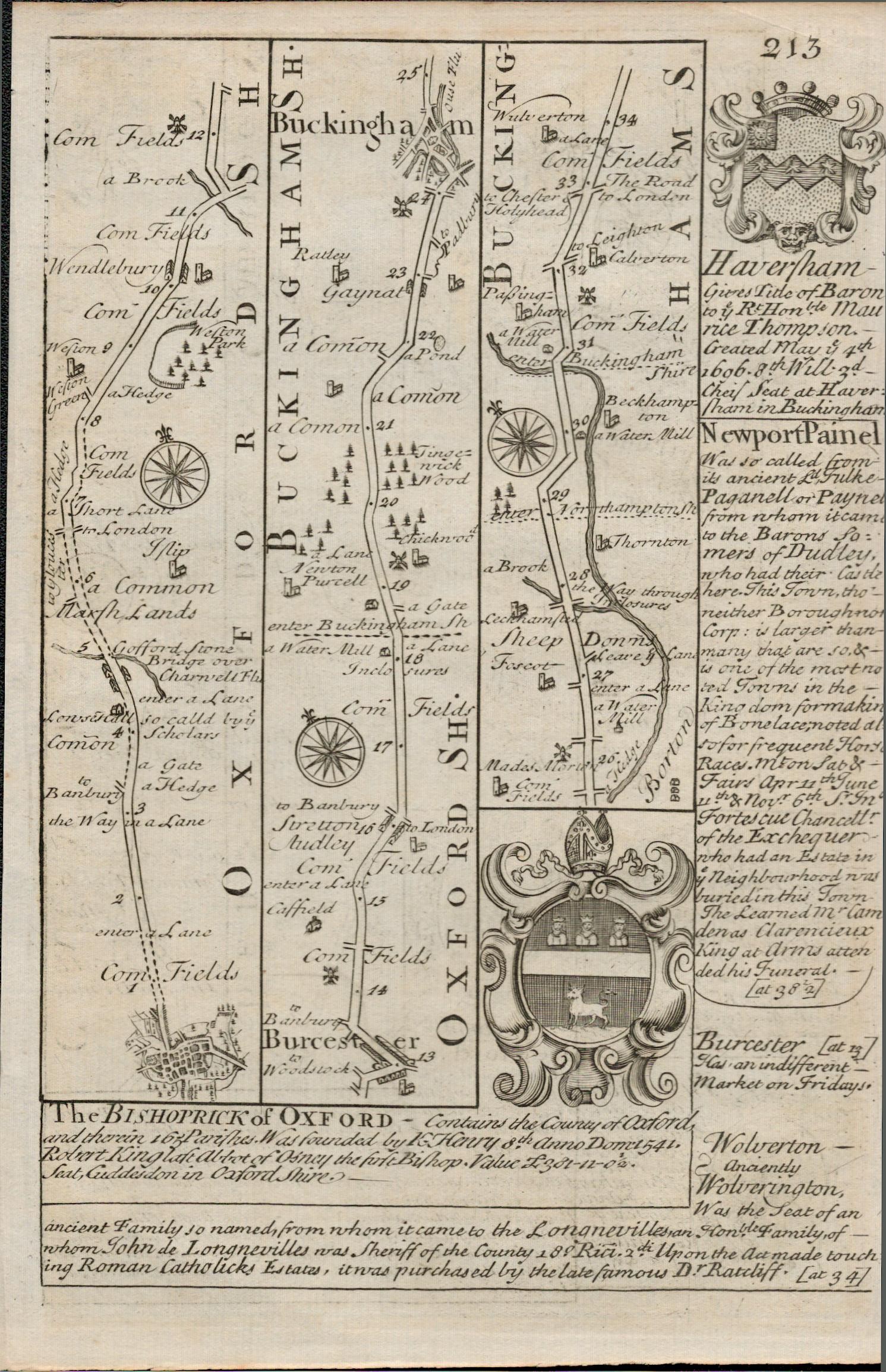 Bowen 290 Yrs Old Scarce Detailed Road Map Oxford Buckingham, Bedford, Cambridge.