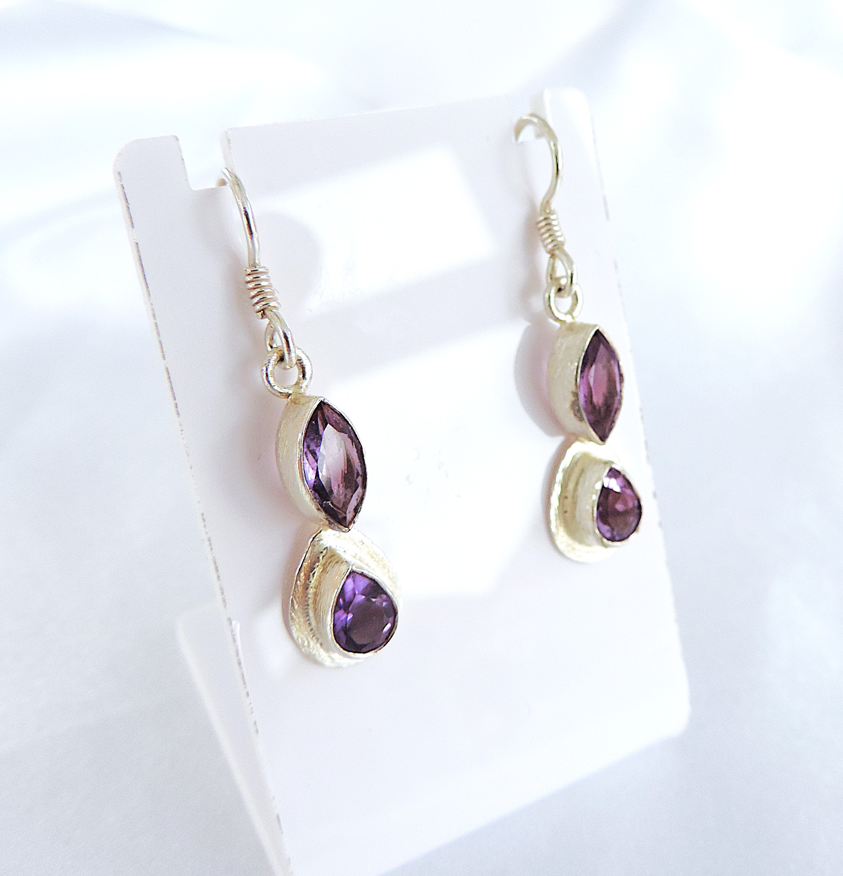 925 Silver Amethyst Gemstone Drop Earrings 'NEW'