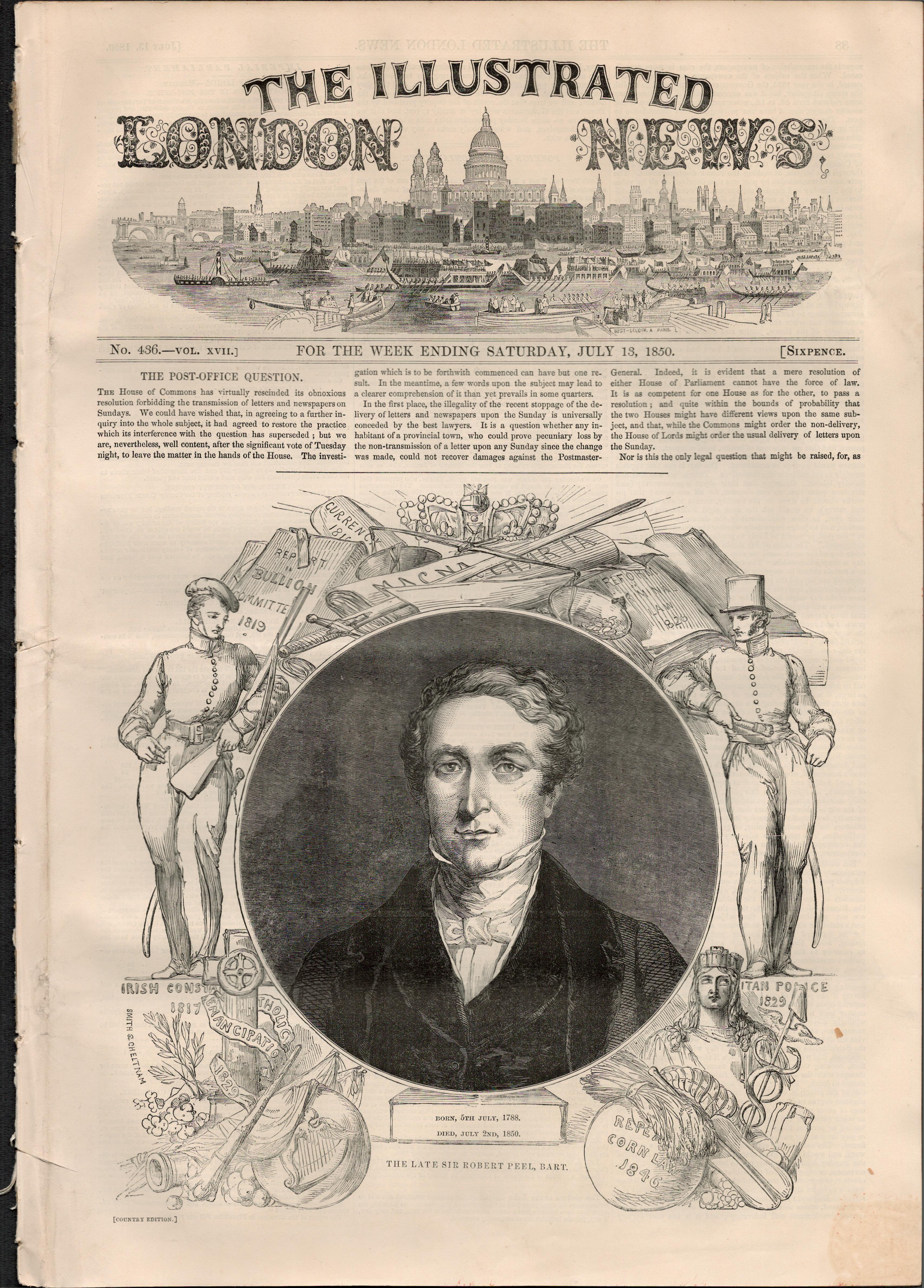 1850 The Death Of Sir Robert Peel Antique NewspaperAntique Complete Edition The Illustrated London