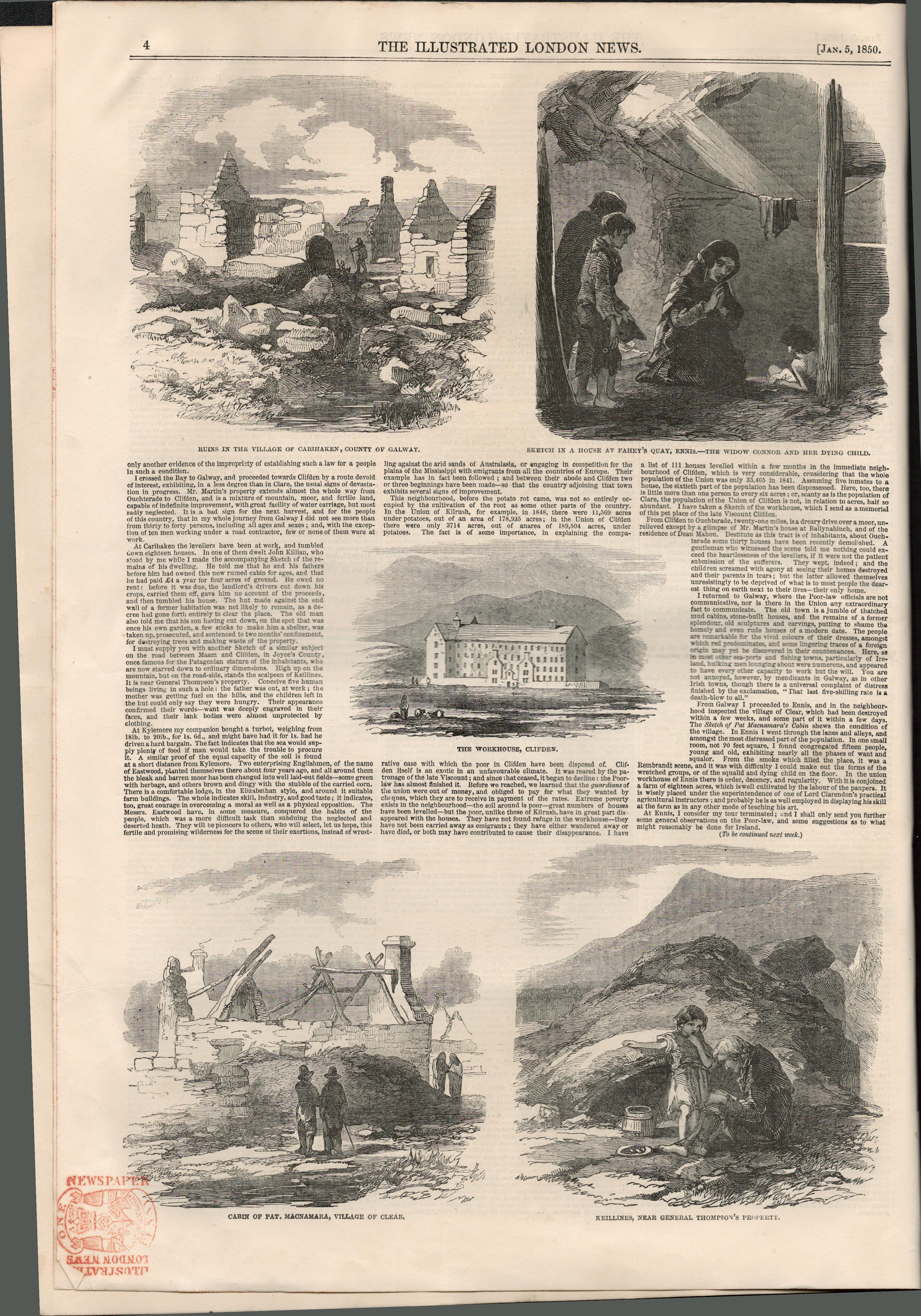 1850 Newspaper Irish Famine Starvation Galway, County ClareOriginal Antique Complete 1850 Edition