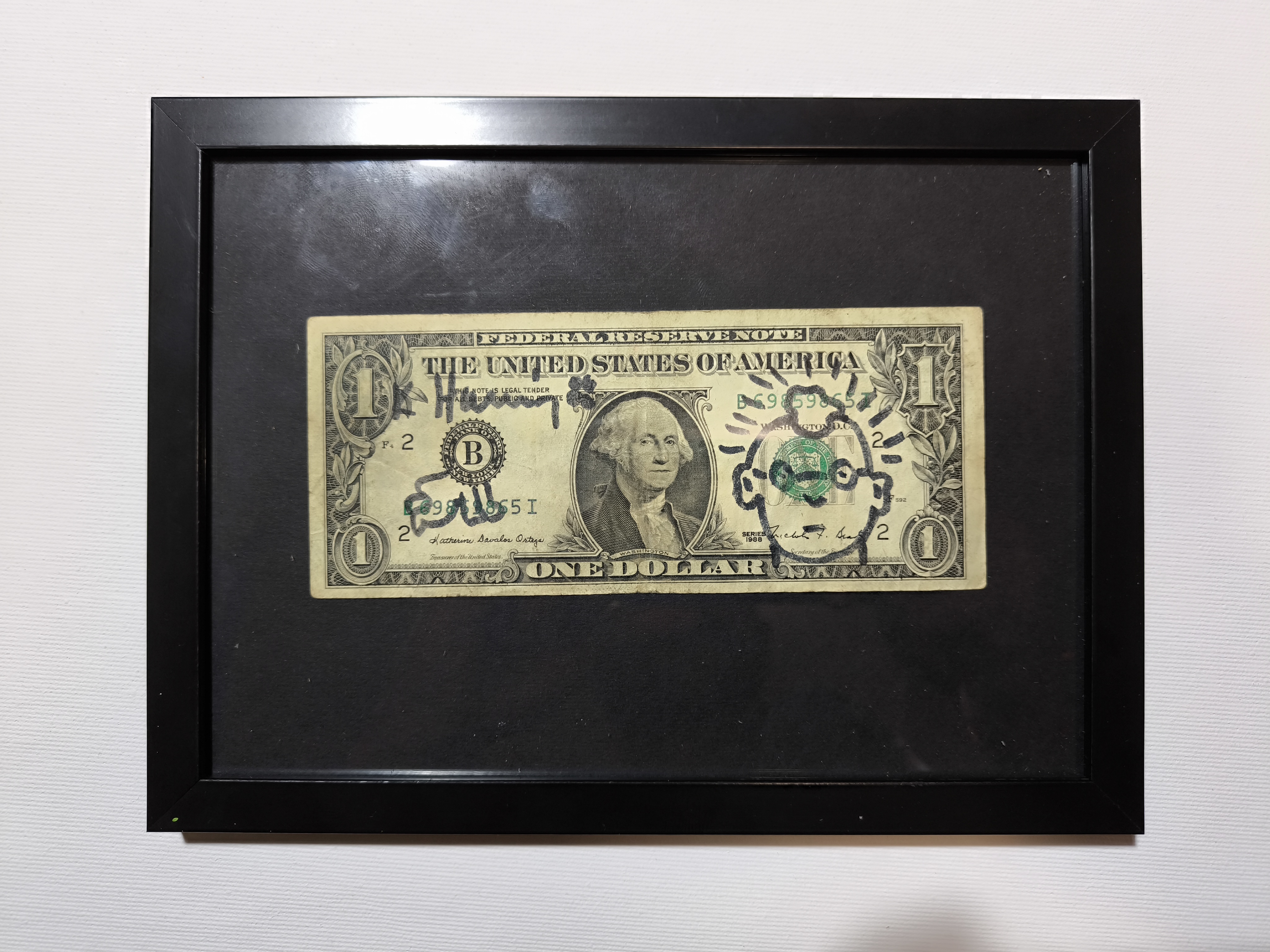Keith Haring (attr) 1 Dollar Bill Note Marker Art  Signed Framed