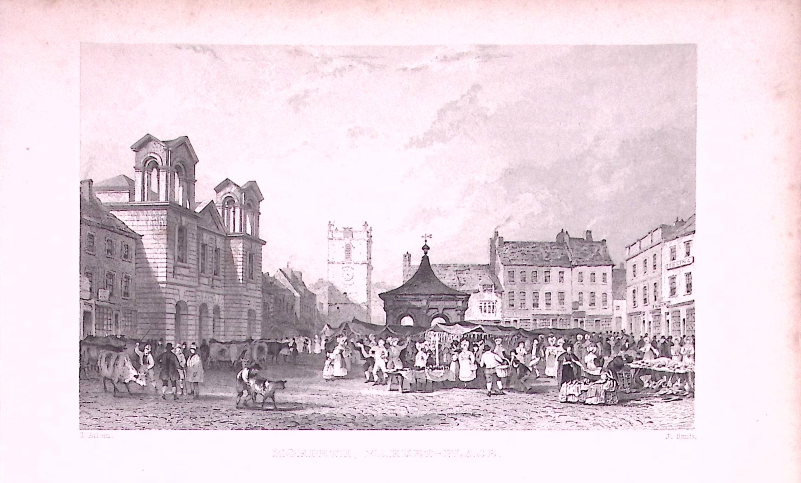 Morpeth Market Place Northumberland 1835 Antique Steel Engraving-19-TR