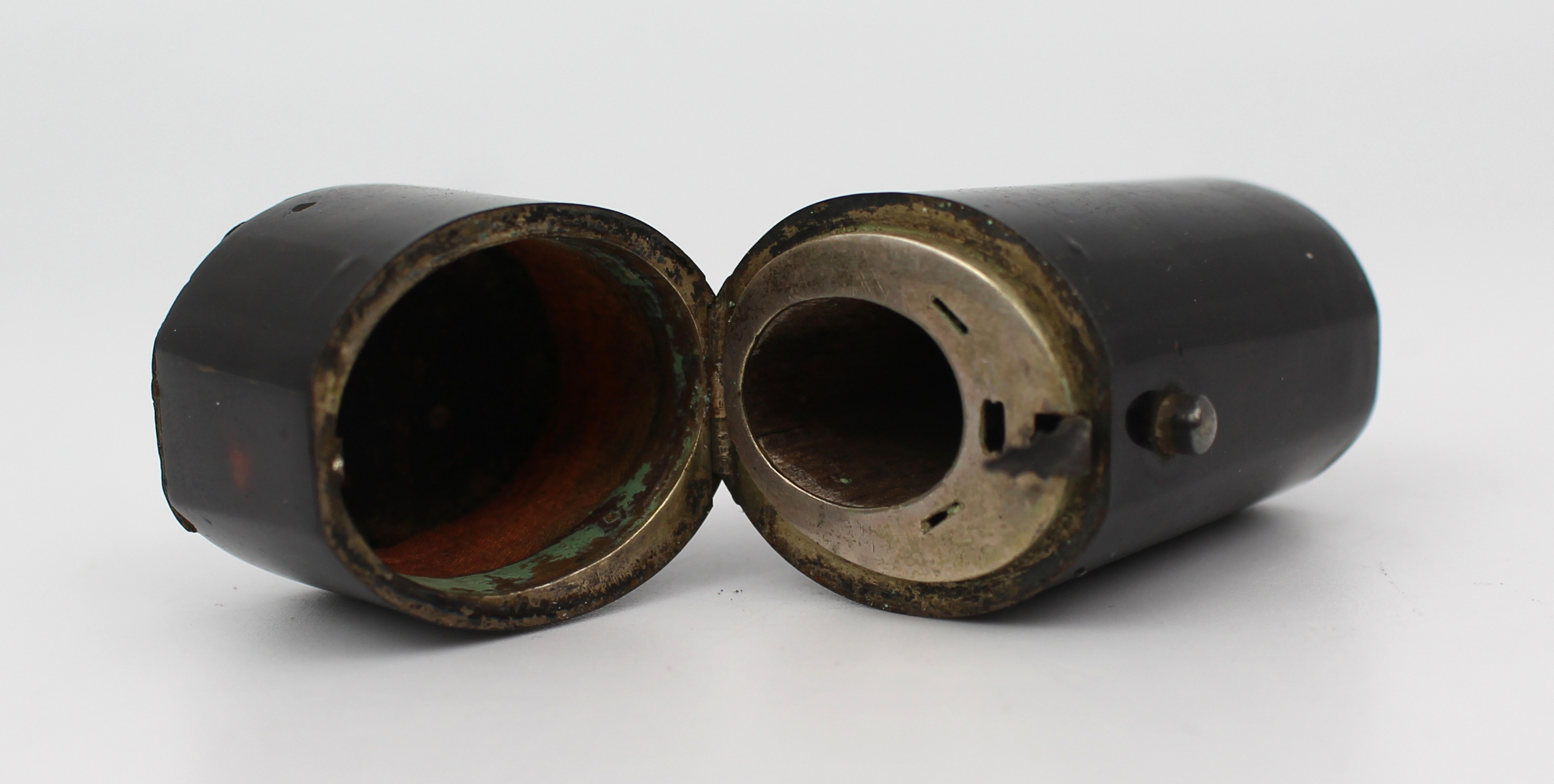 Antique Travelling Inkwell – Richly Figured Veneer, Brass Interior – c.1900