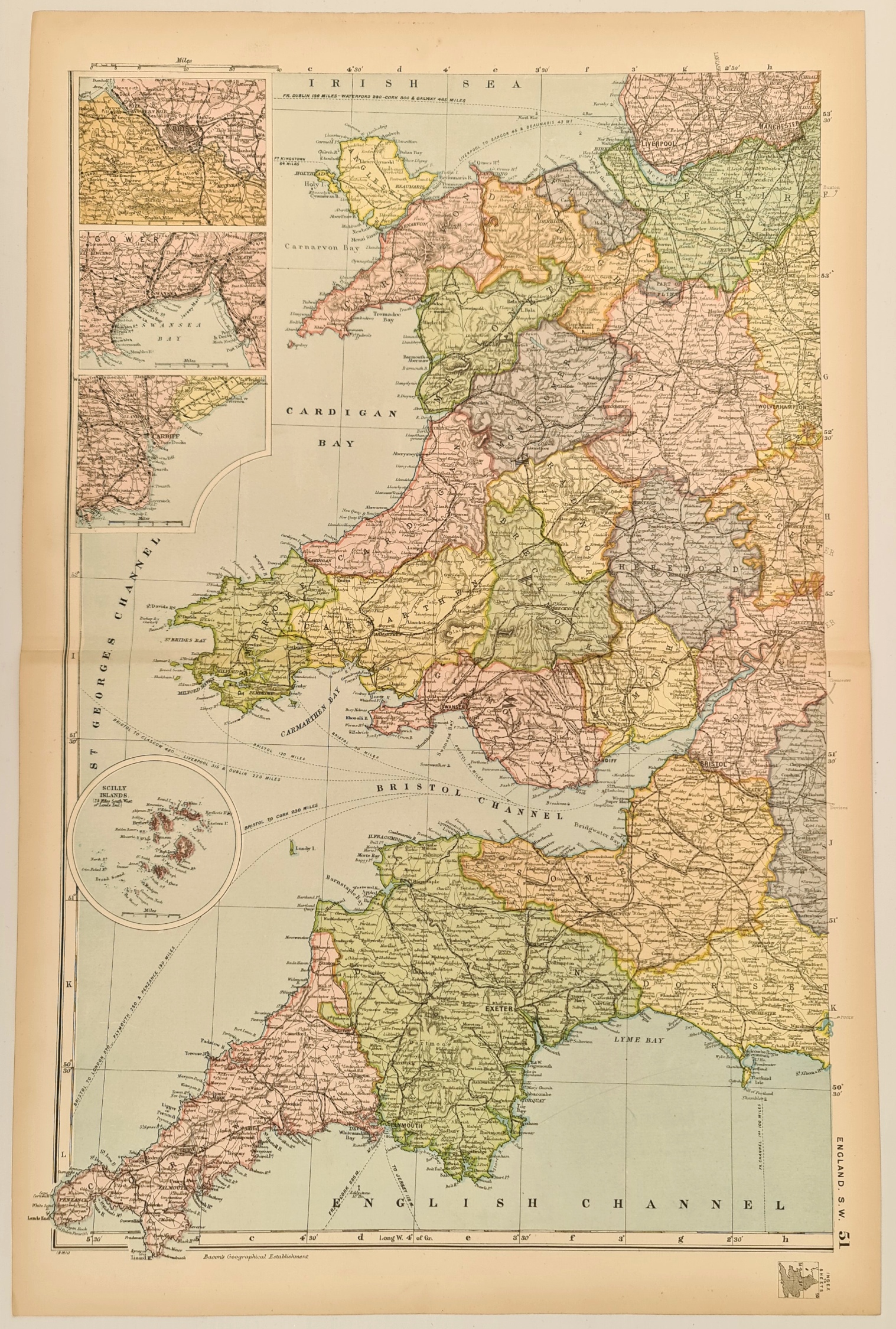 Antique Map 1899 G. W Bacon & Co. England S. W. Not Framed. Measures 35cm by 53cm