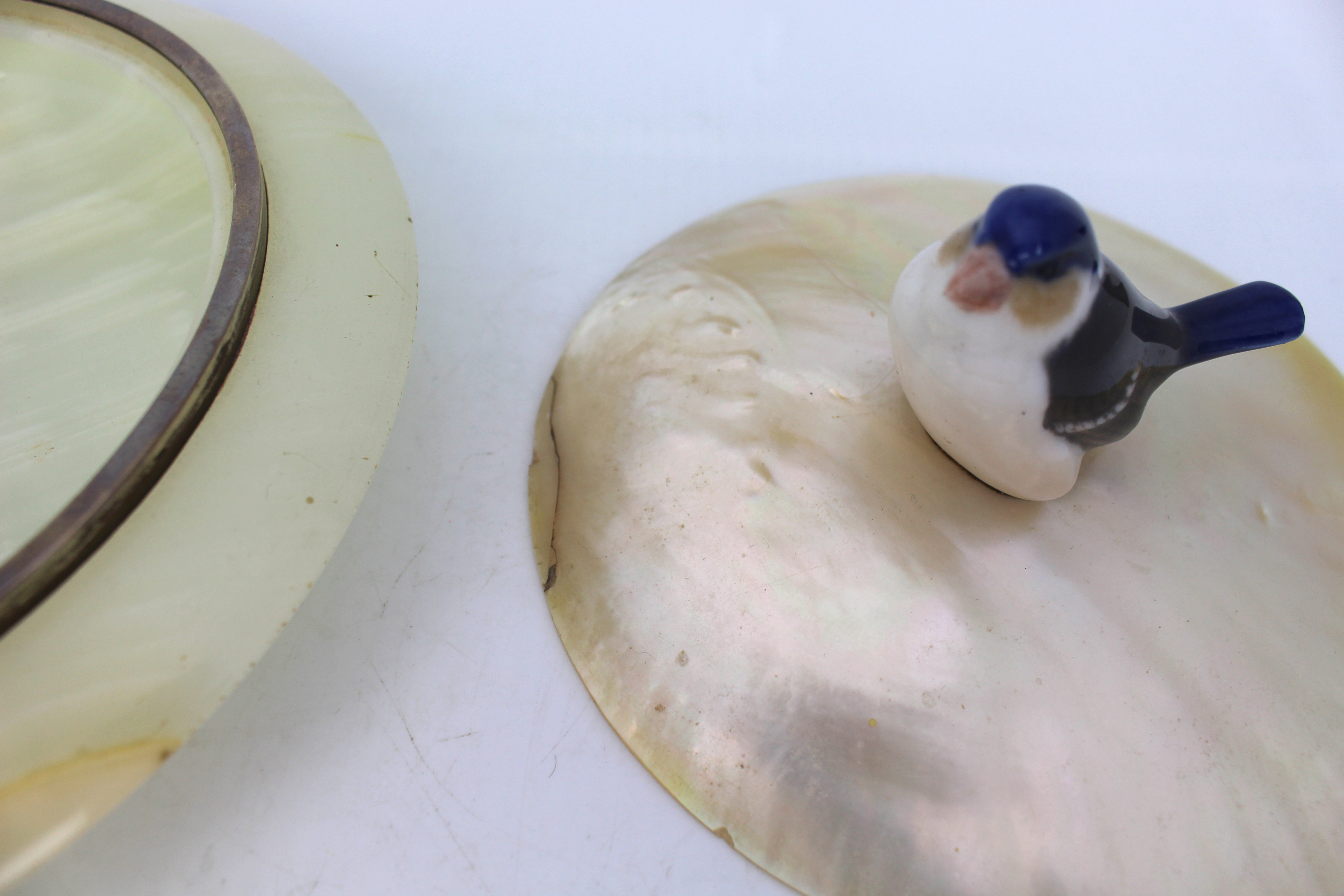1922 Silver Mounted Alabaster Bowl with Mother of Pearl Lid & Bird Finial