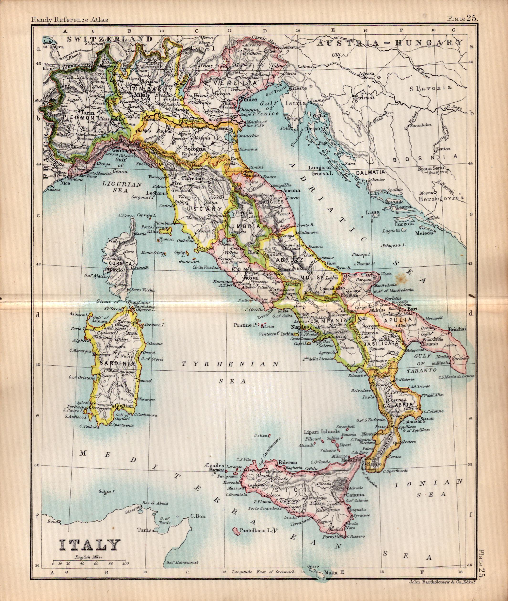Italy Rome Naples Sicily Double Sided Victorian Antique 1898 Map.