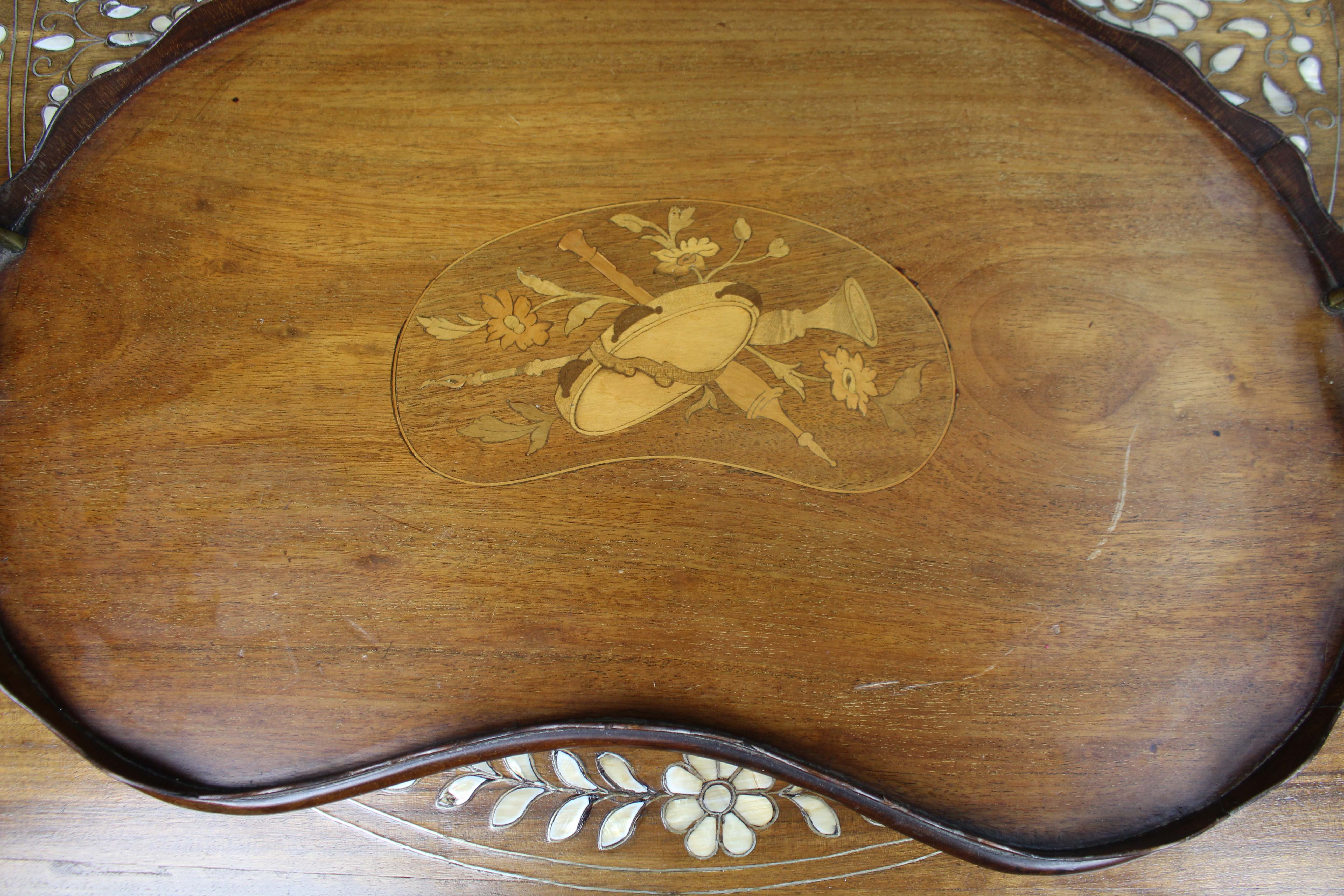 Antique Inlaid Wooden Tray with Brass Handles