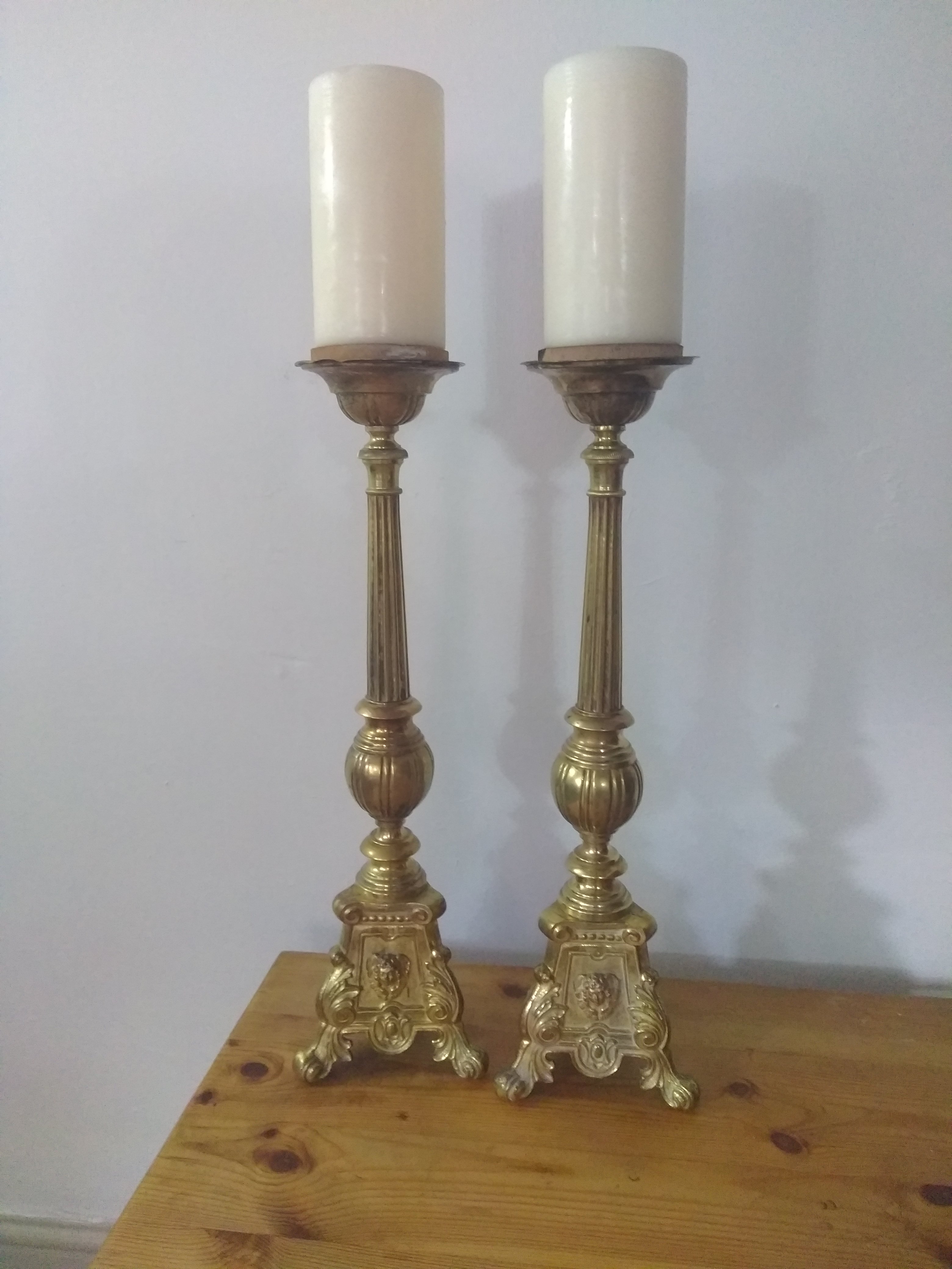 Stunning Italian Baroque Candelabra In Gold Cast Brass Gilt Metal Church Alter Candlesticks 19C