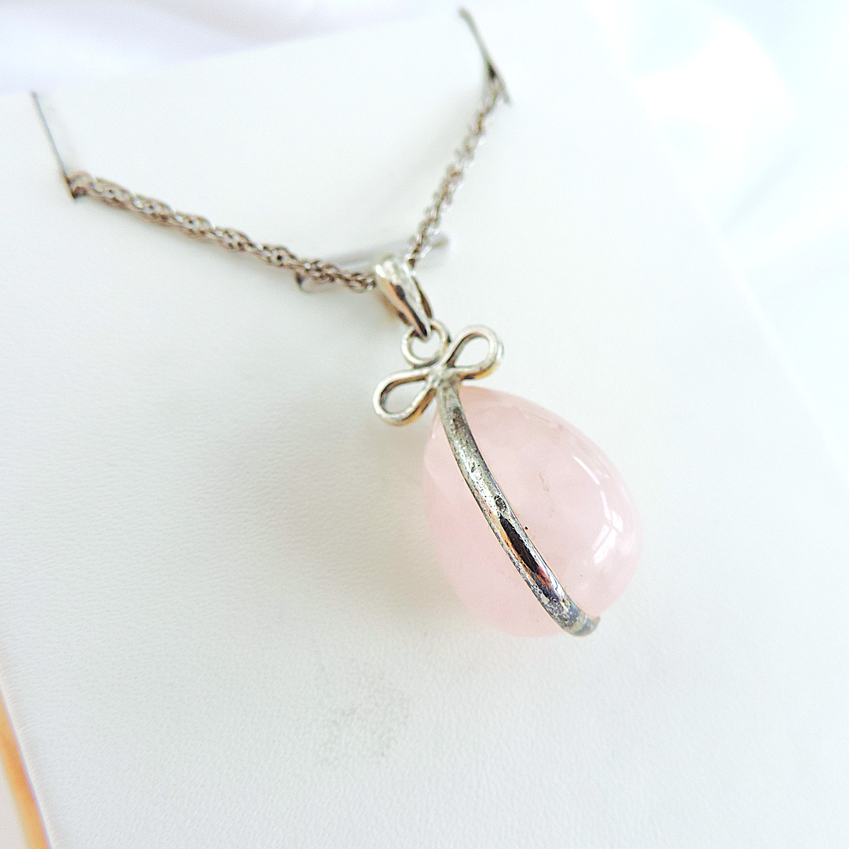 Artisan Crafted 925 Silver Pear Drop Rose Quartz Pendant Necklace