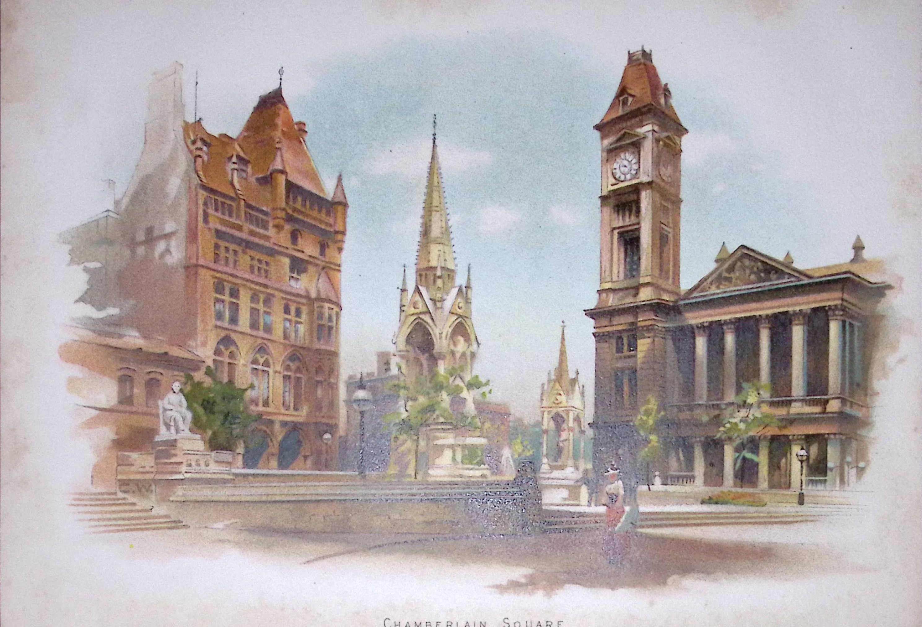 Chamberlain Square Birmingham Antique Chromolithograph 4-TR