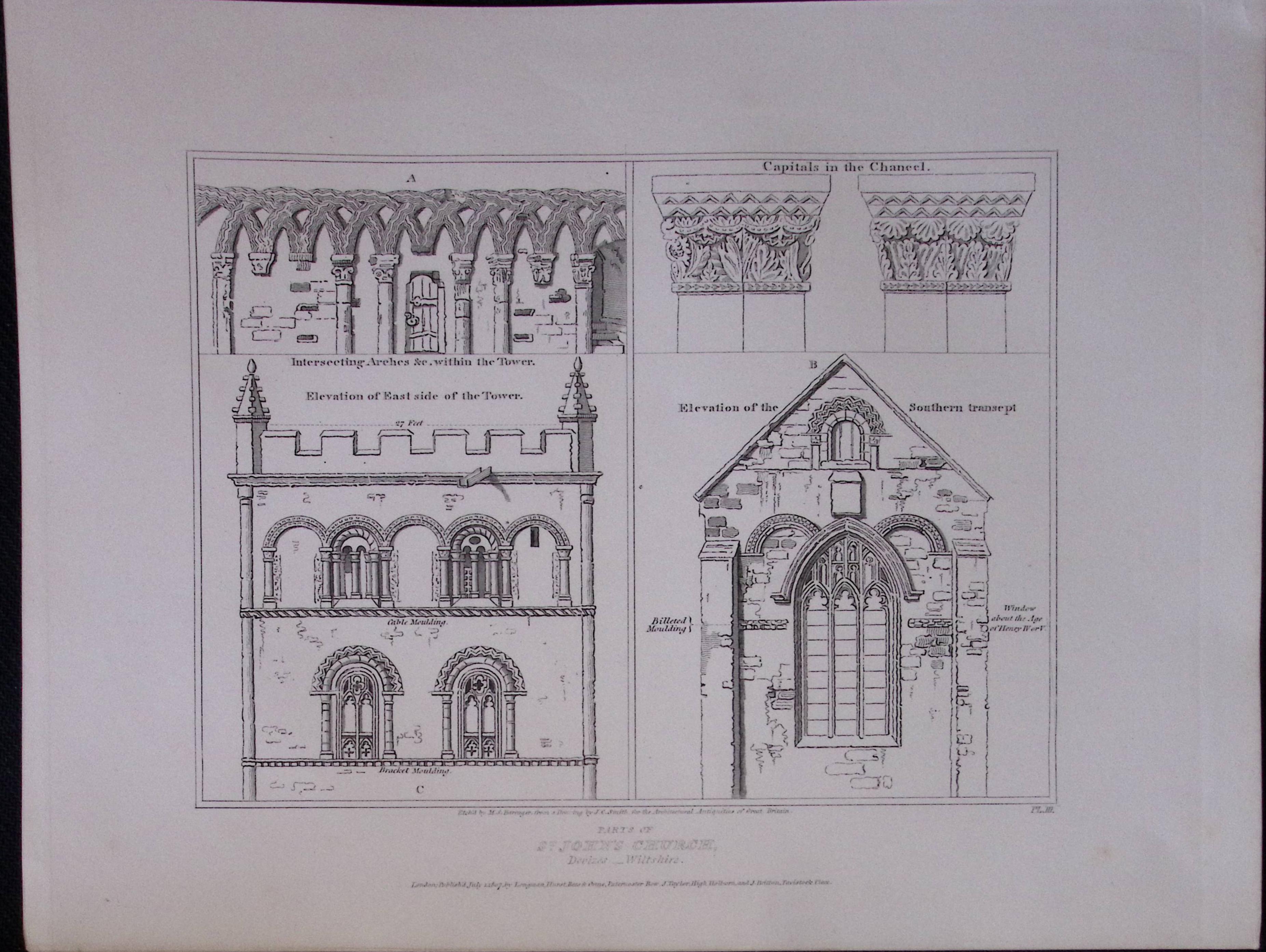 St Johns Church Wiltshire 190 Years-Old John Britton Antique Steel Engraving-198