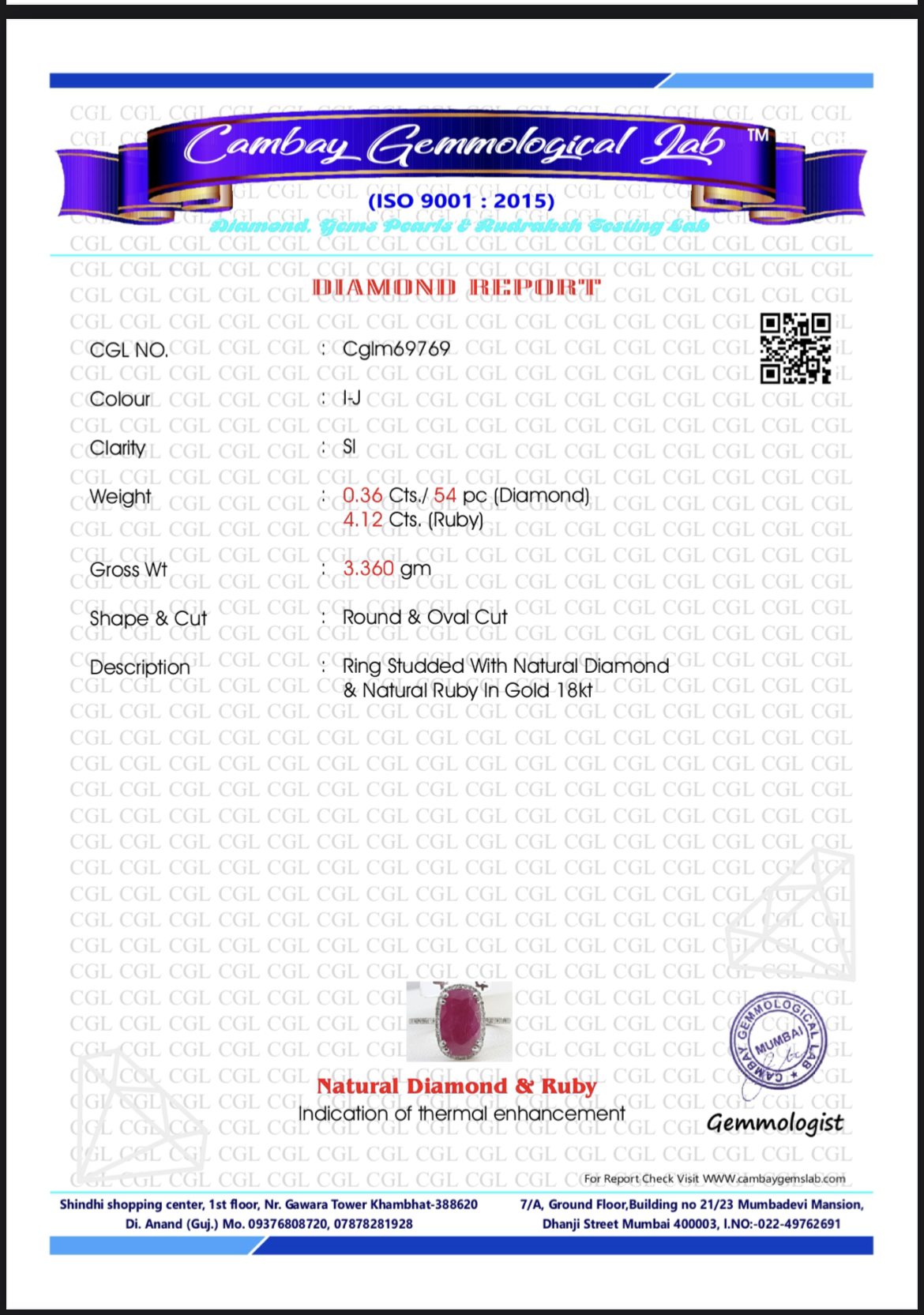 Natural Burma Ruby 4.12 Ct With Natural Diamonds & 18k Gold