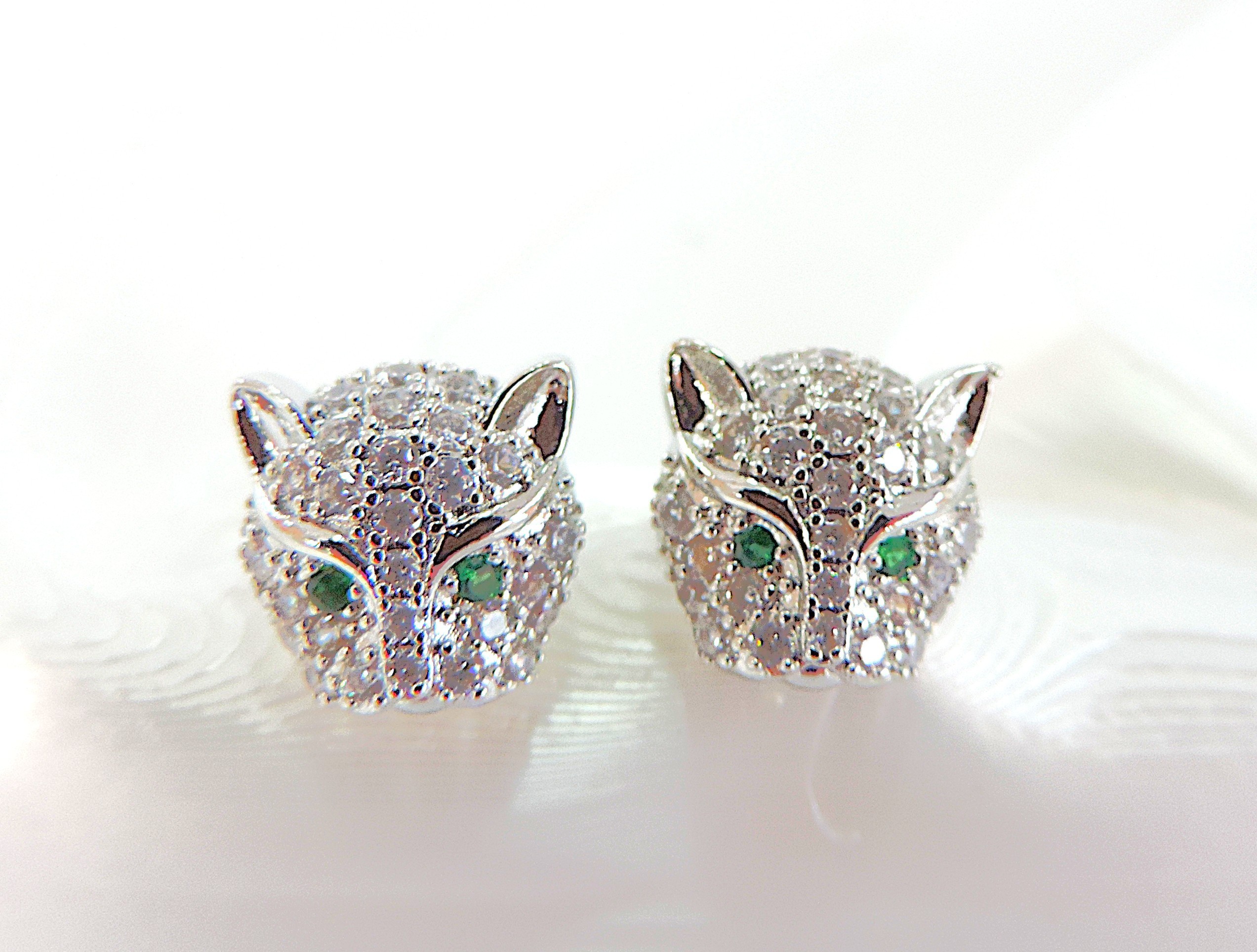 White Zircon Gemstone Panther Head Stud Earrings 'New'