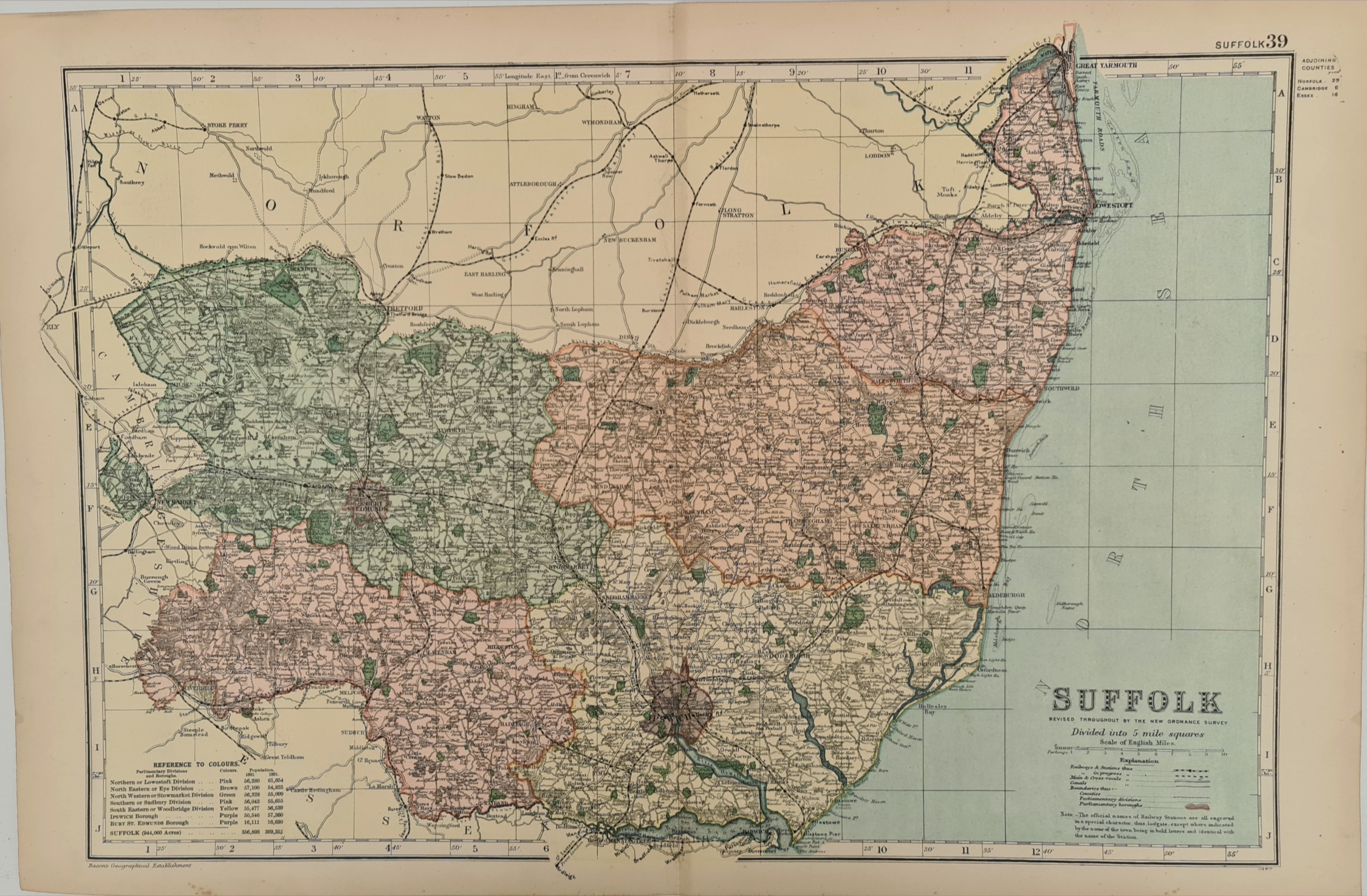 Antique Map 1899 G. W Bacon & Co . Suffolk Not Framed. Measures 35cm by 53cm