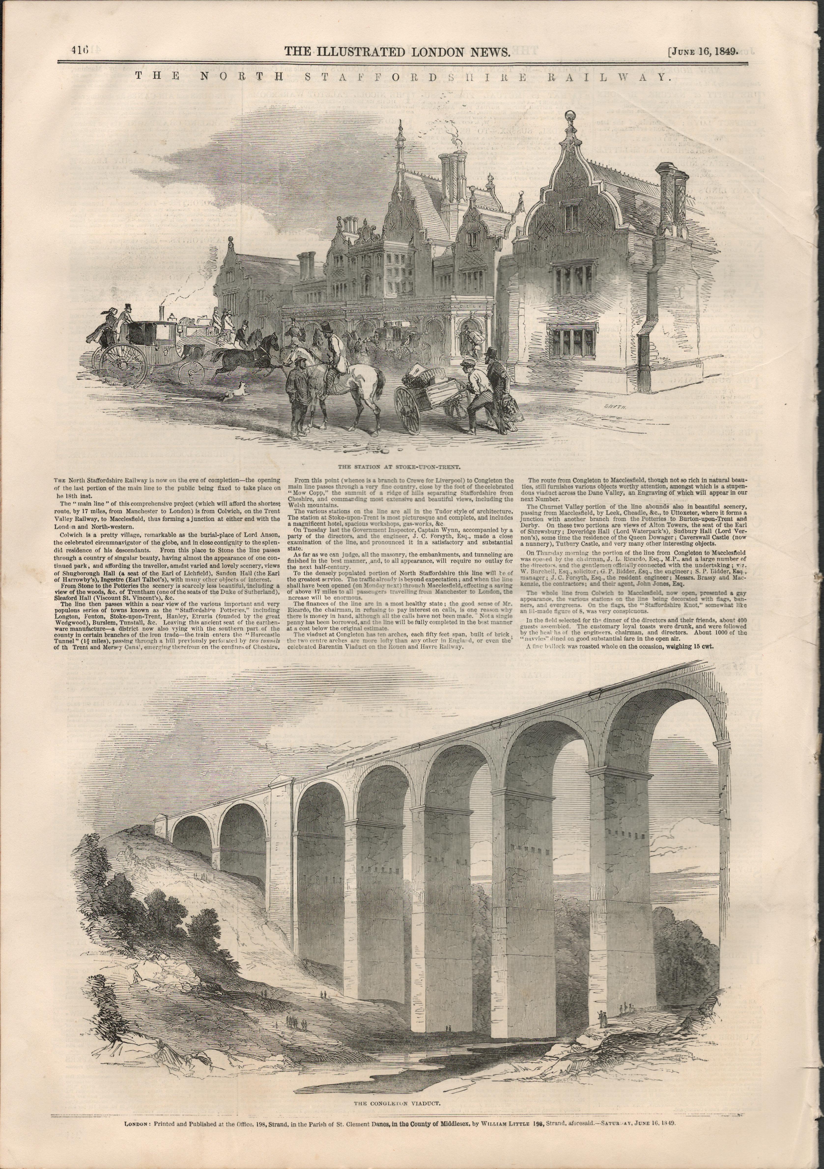 The North Staffordshire Railway 1849 Antique NewspaperAntique Complete Edition The Illustrated