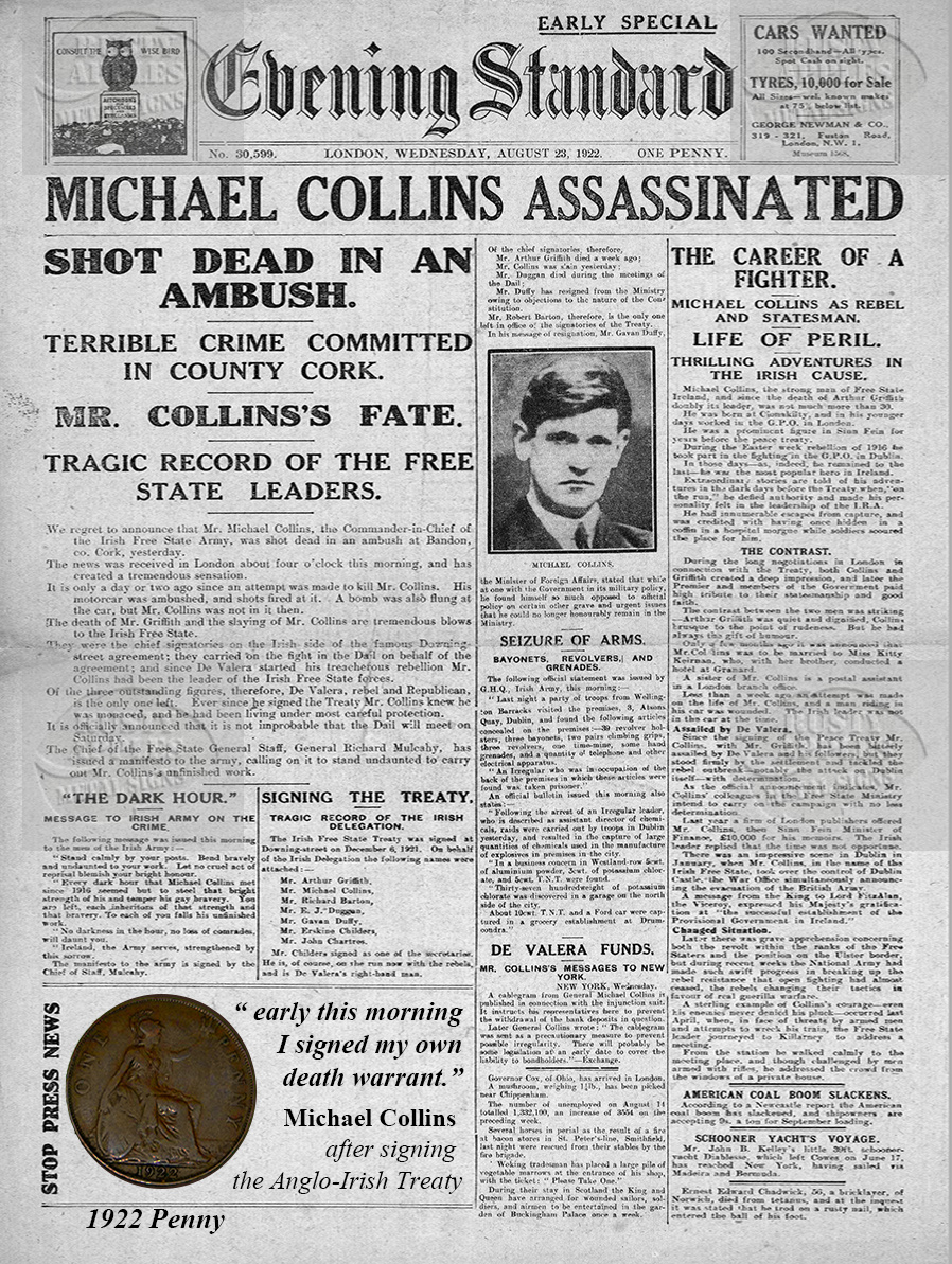 Michael Collins Original Death Penny Metal Plaque Montage 100th AnniversaryA Original Circulated